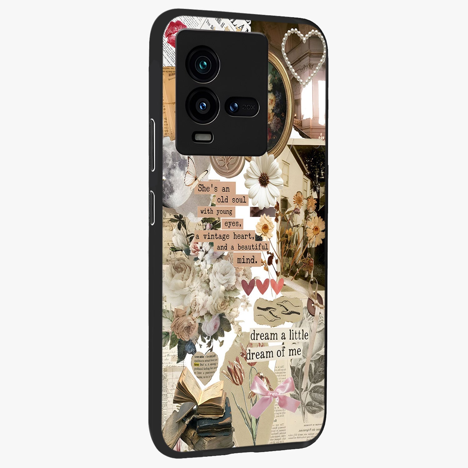 Aesthetic Brown Vintage Collage Glass Case upright view showcasing nostalgic retro artwork with stylish vintage theme.