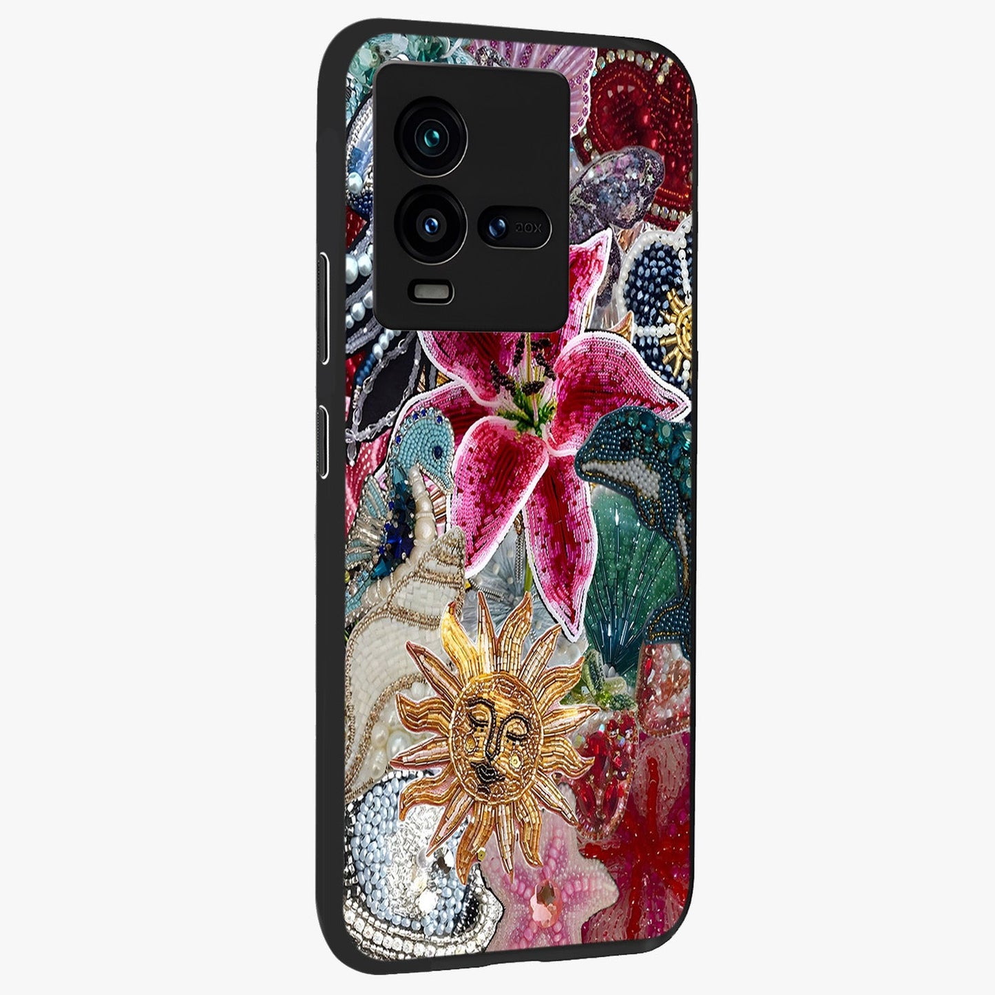 Beaded Garden Fantasy Glass Case upright view showcasing whimsical garden aesthetic with artistic bead details.