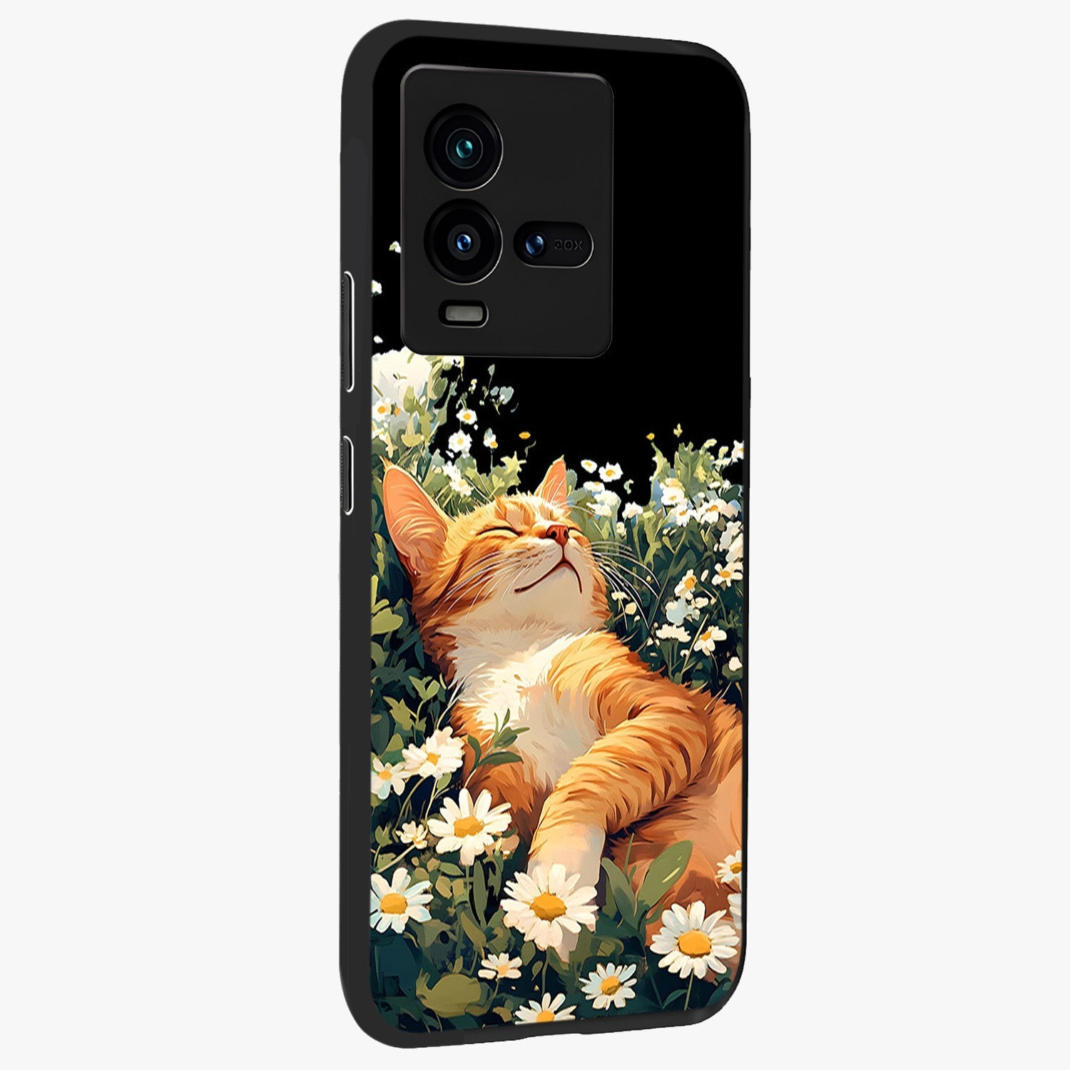 Blissful Bloom Cat Glass Case upright view showcasing charming cat design surrounded by blooming floral elements.