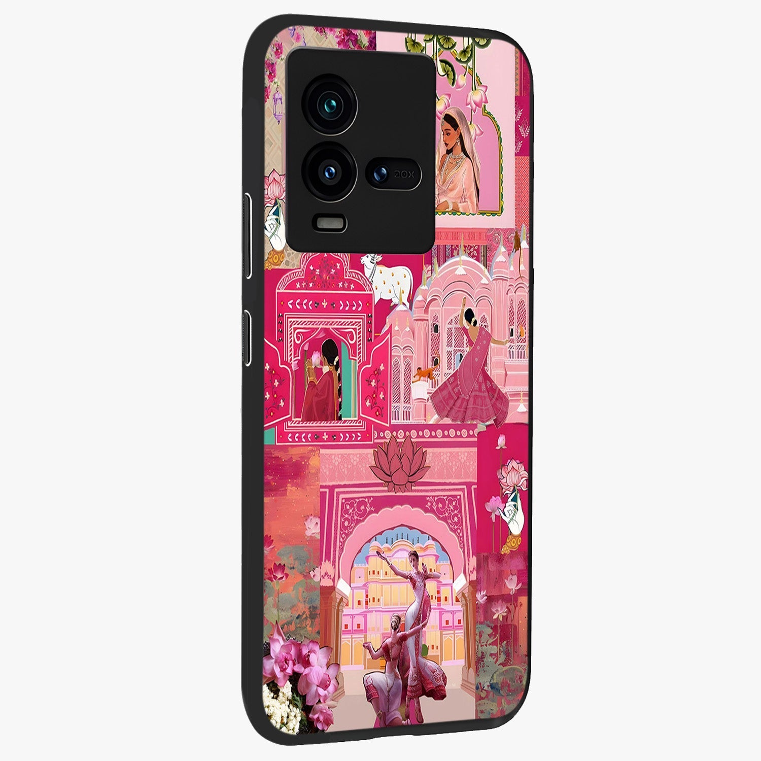 Blossoms of Rajasthan Glass Case upright view showcasing colorful floral design inspired by traditional Indian art.