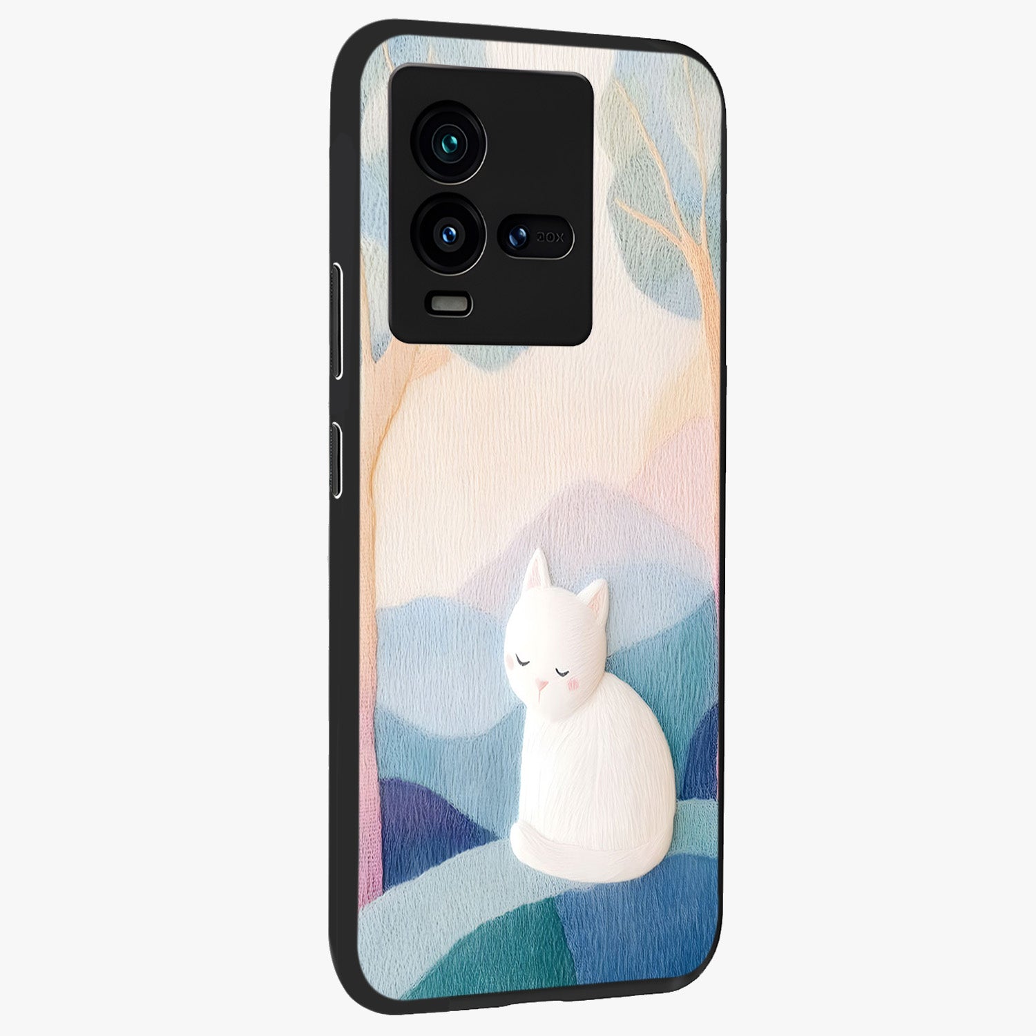 Cotton Dream Cat Glass Case upright view showcasing charming cat artwork with cozy dreamy theme.