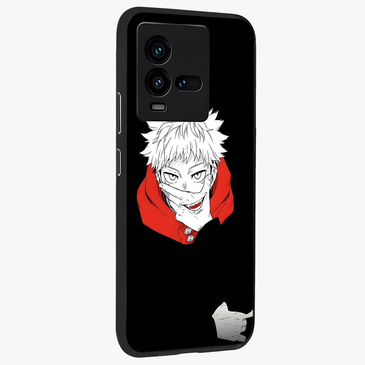 Crimson Chaos Smile Glass Case upright view showcasing expressive chaotic artwork with striking visual theme.