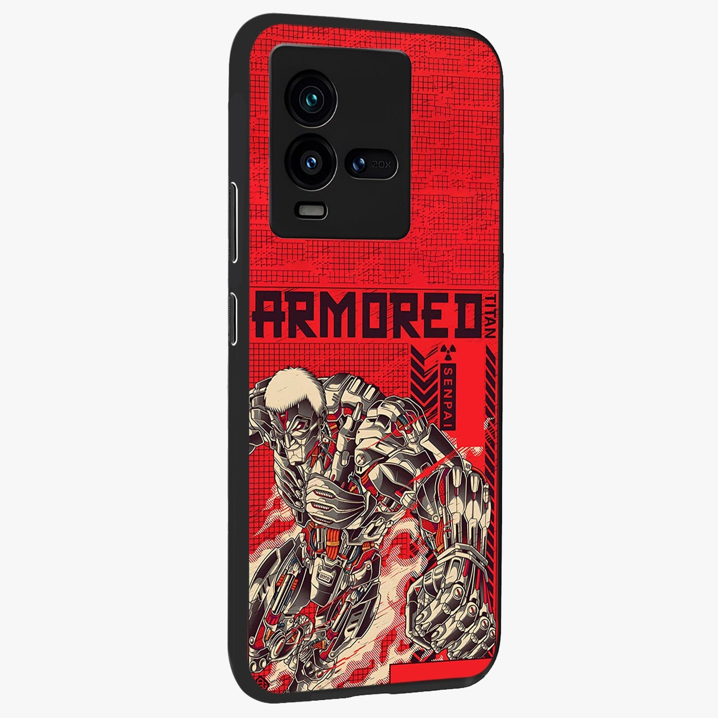 Crimson Mecha Titan Glass Case upright view showcasing dynamic robotic titan design with sci-fi inspired theme.