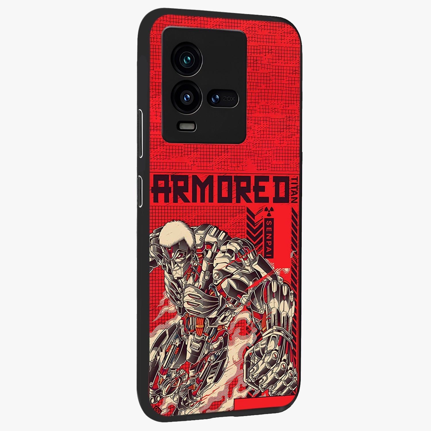 Crimson Mecha Titan Glass Case upright view showcasing dynamic robotic titan design with sci-fi inspired theme.