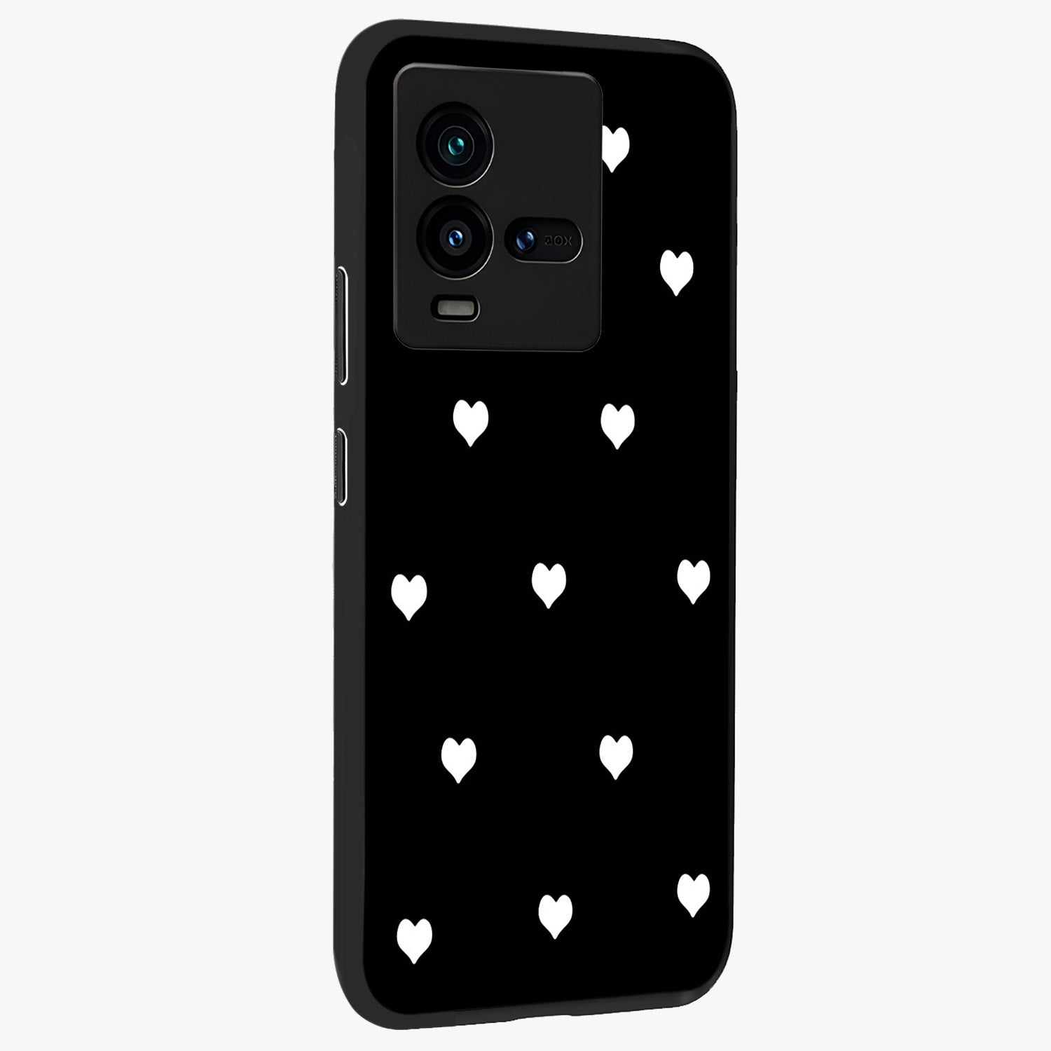 Cute And Simple White Hearts Glass Case upright view showcasing simple white hearts artwork with soft minimal theme.