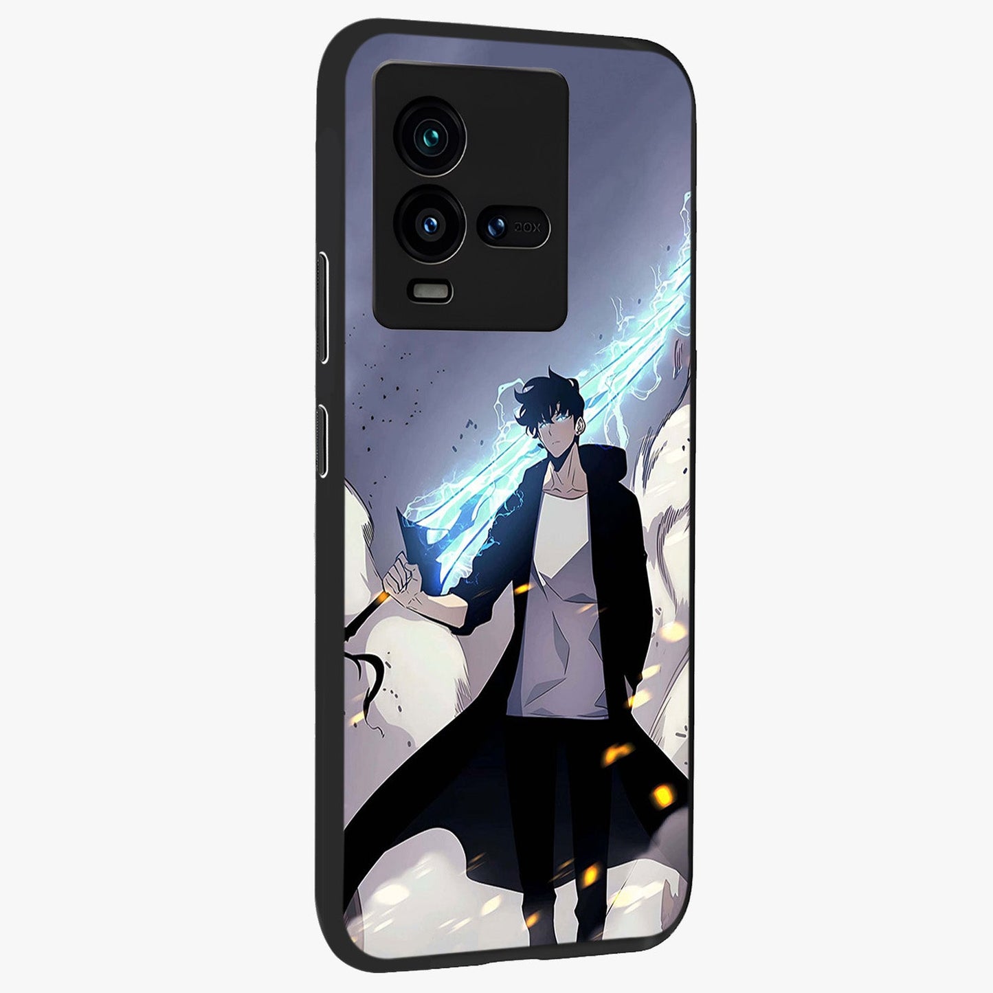 Dark Lightning Anime Warrior Glass Case upright view showcasing dramatic warrior artwork with dark lightning aesthetic.