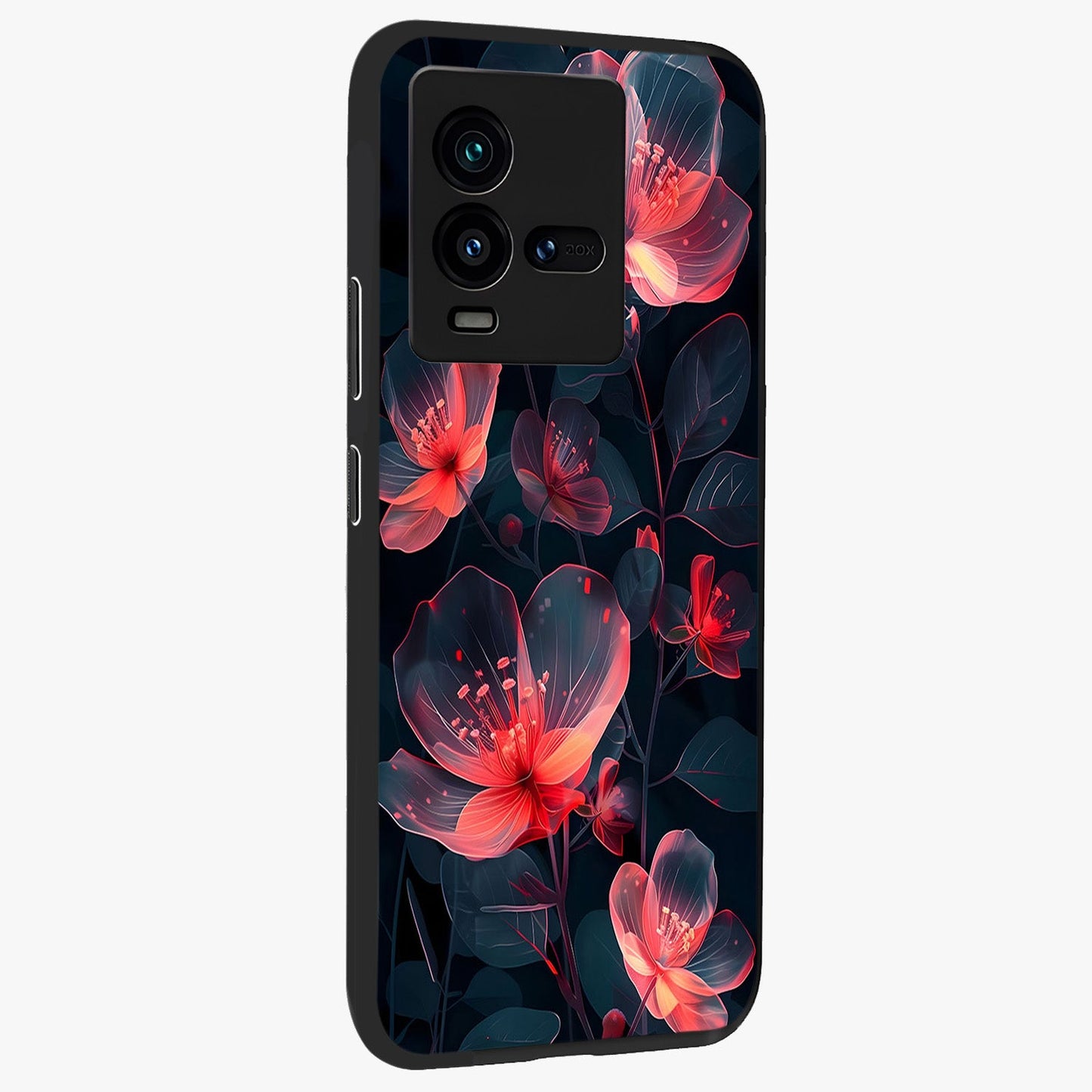 Dark Shade of Flower Glass Case upright view showcasing delicate flower artwork with rich dark floral theme.