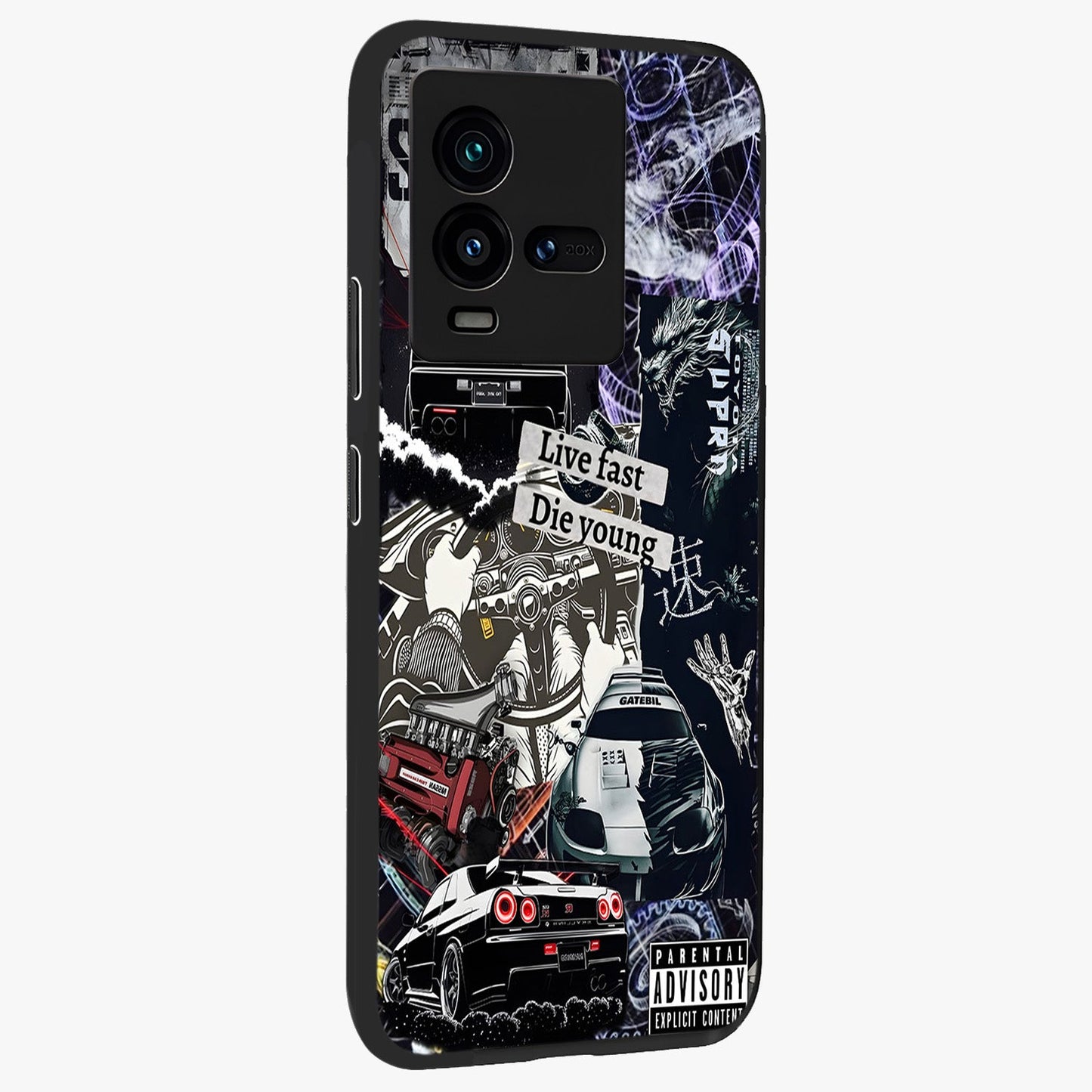Die Young Glass Case upright view showcasing striking typography artwork with modern statement theme.