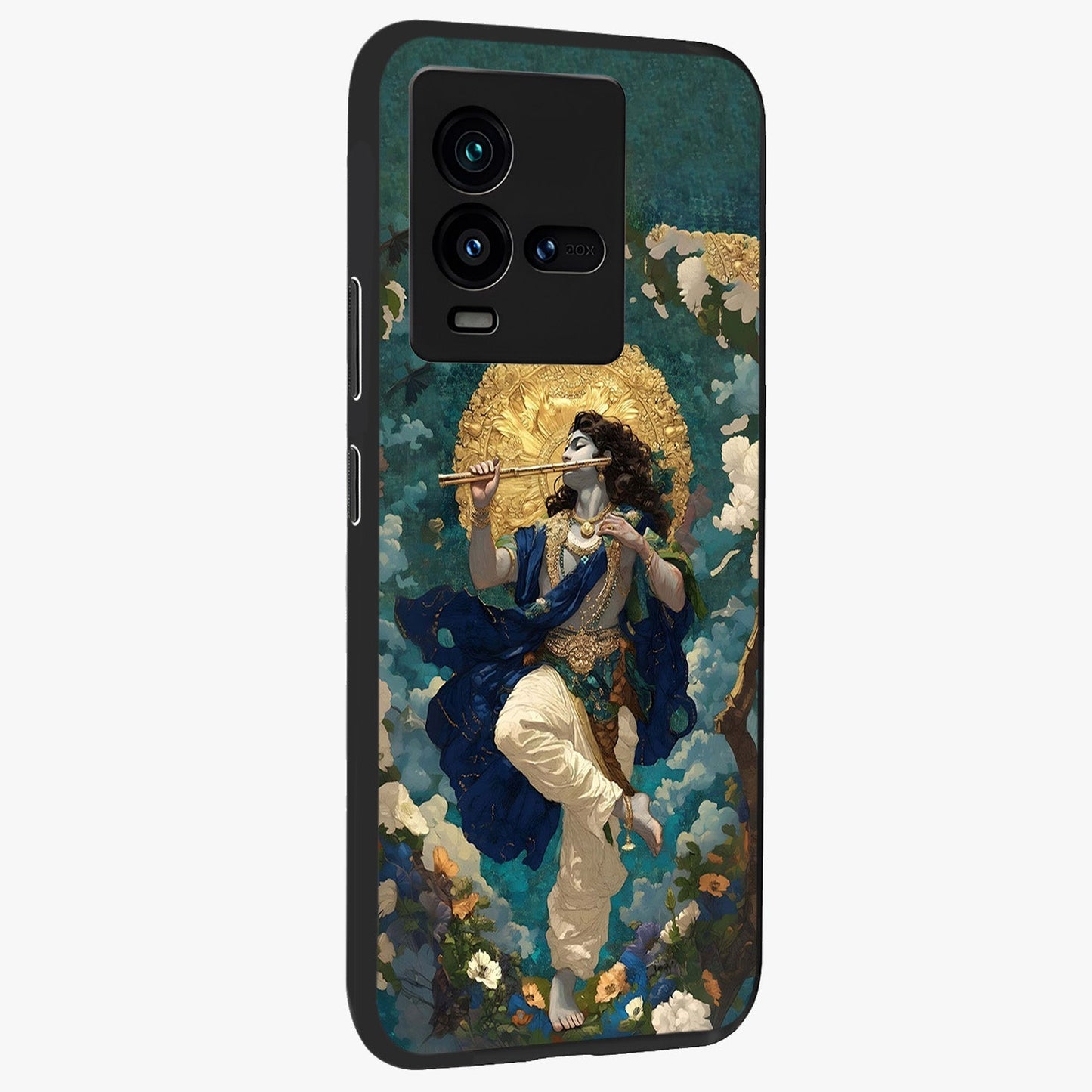 Divine Krishna Art Glass Case upright view showcasing divine Krishna artwork with sacred artistic theme.