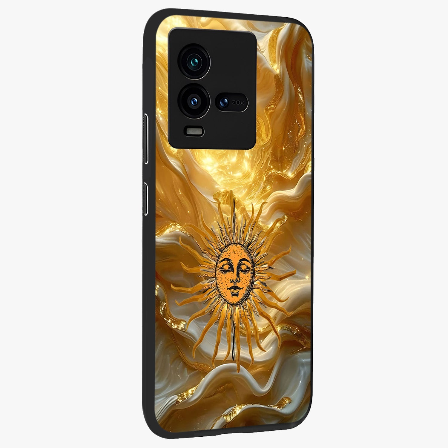 Eternal Golden Glow Glass Case upright view showcasing luminous golden artwork with luxurious visual theme.