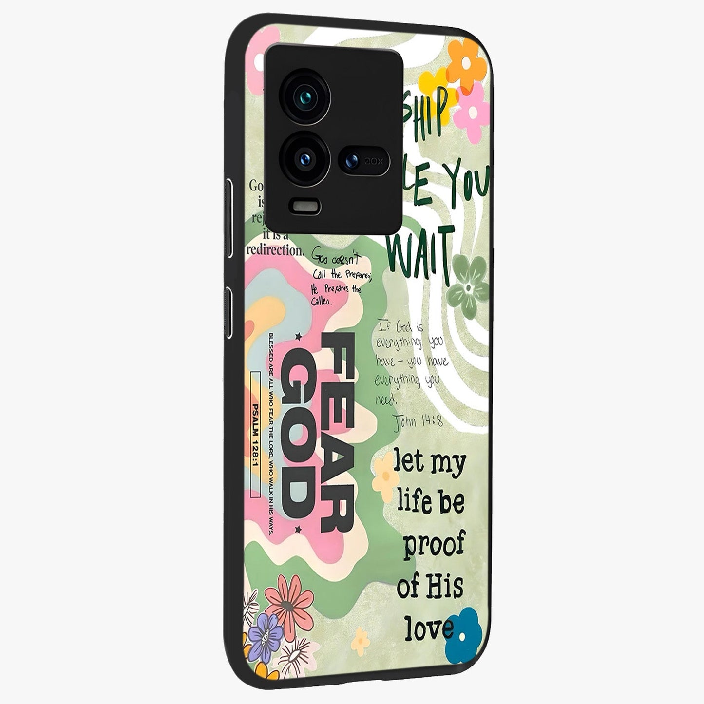 Faith Over Fear Glass Case upright view showcasing bold typography artwork with uplifting motivational theme.
