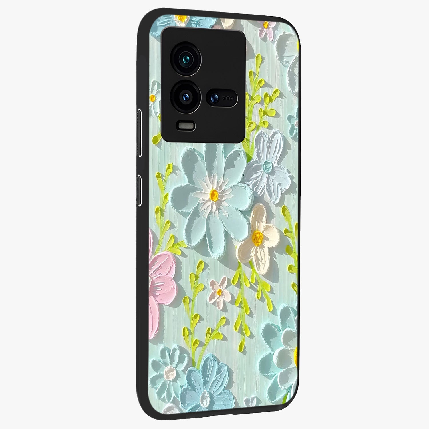 Frosted Petal Garden Glass Case upright view showcasing elegant floral garden artwork with soothing pastel theme.