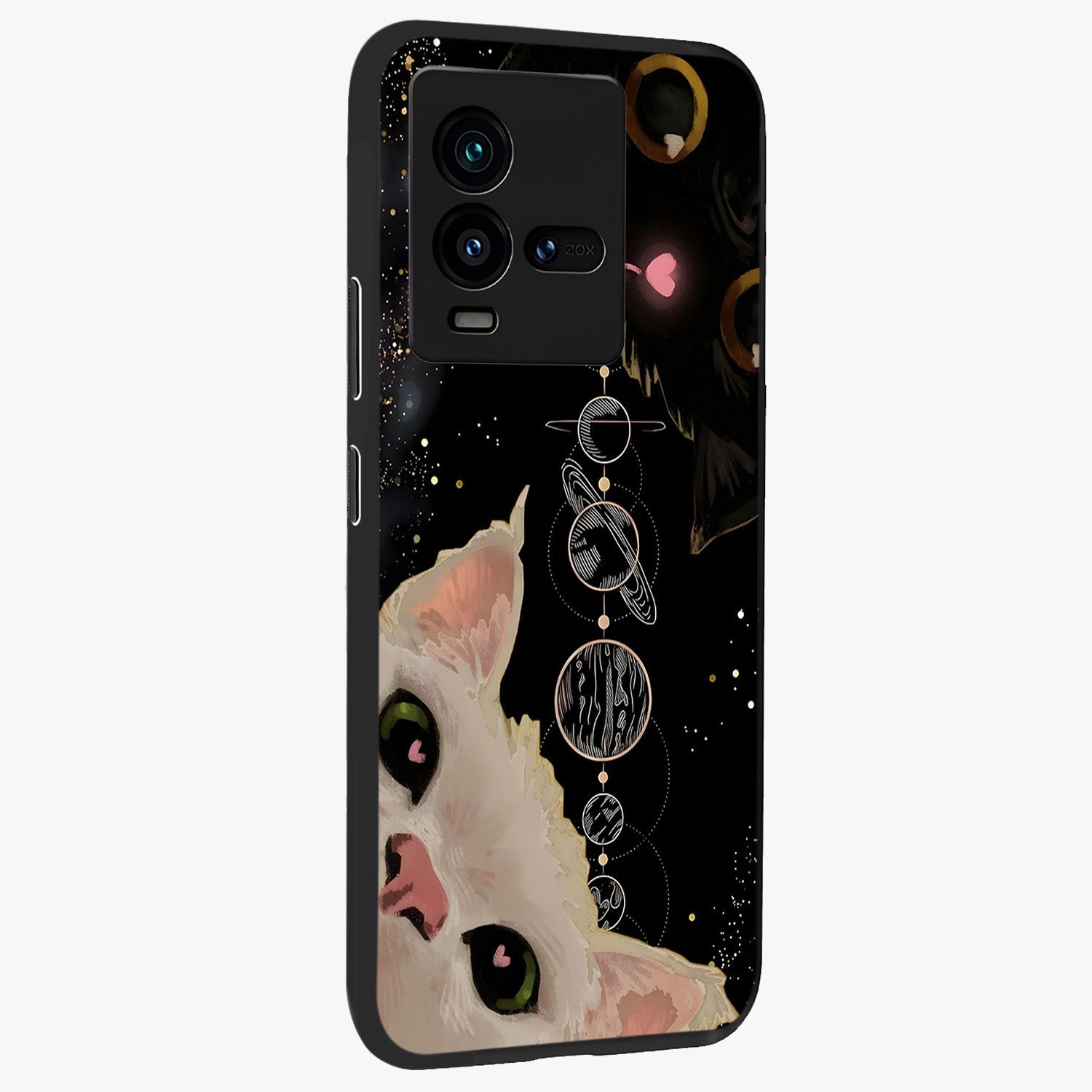 Galactic Cat Glass Case upright view showcasing mystical cat artwork with dreamy cosmic theme.
