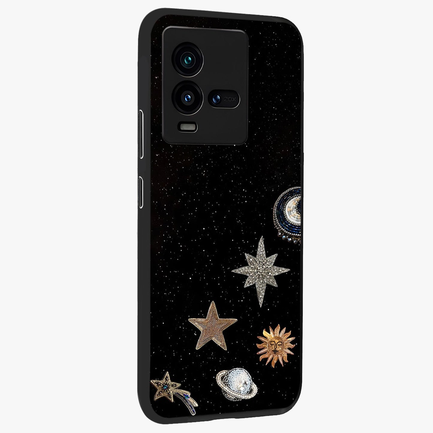 Galactic Charm Glow Glass Case upright view showcasing glowing cosmic charm artwork with magical celestial style.