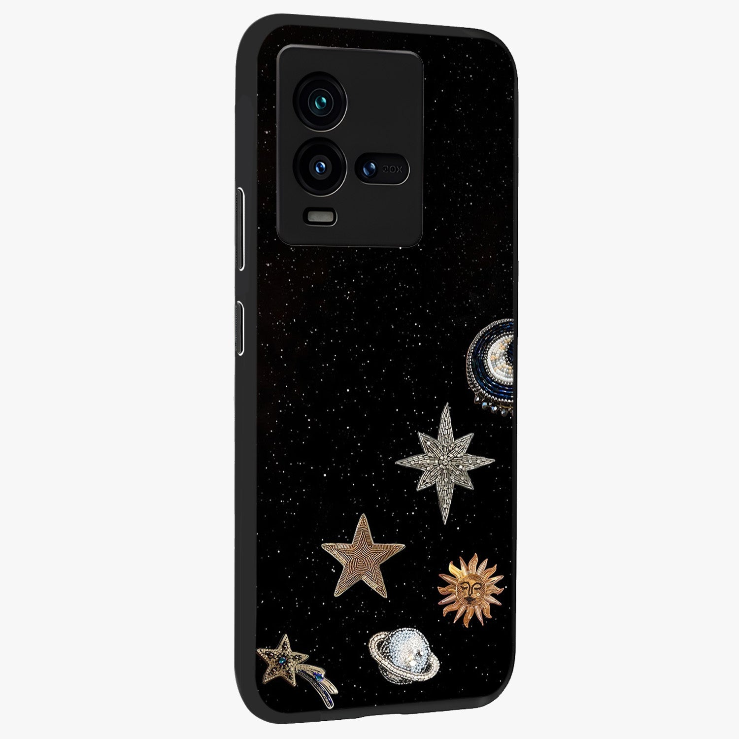 Galactic Charm Glow Glass Case upright view showcasing glowing cosmic charm artwork with magical celestial style.