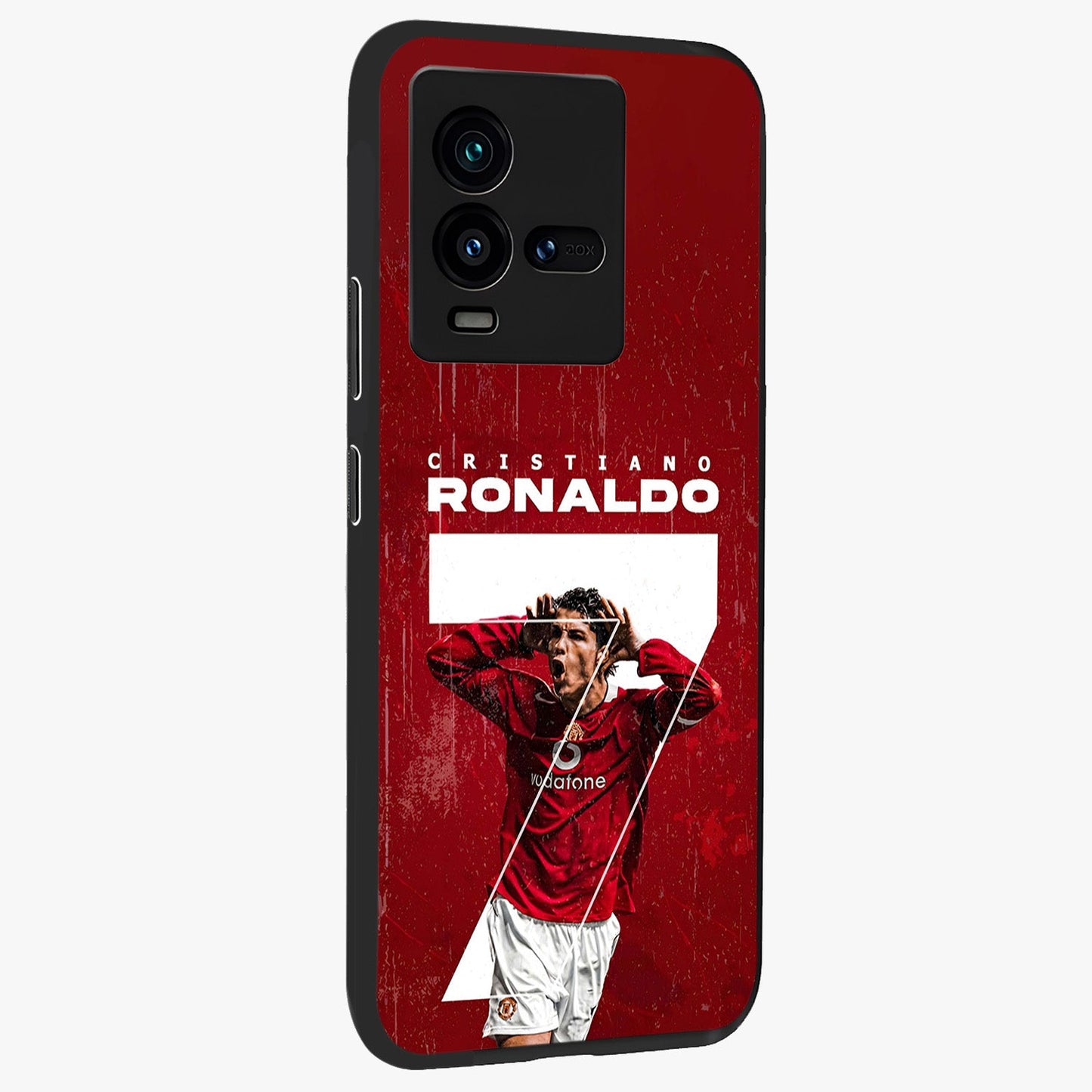 Goal Celebration Legacy Glass Case upright view showcasing dynamic football inspired artwork with victory celebration aesthetic.