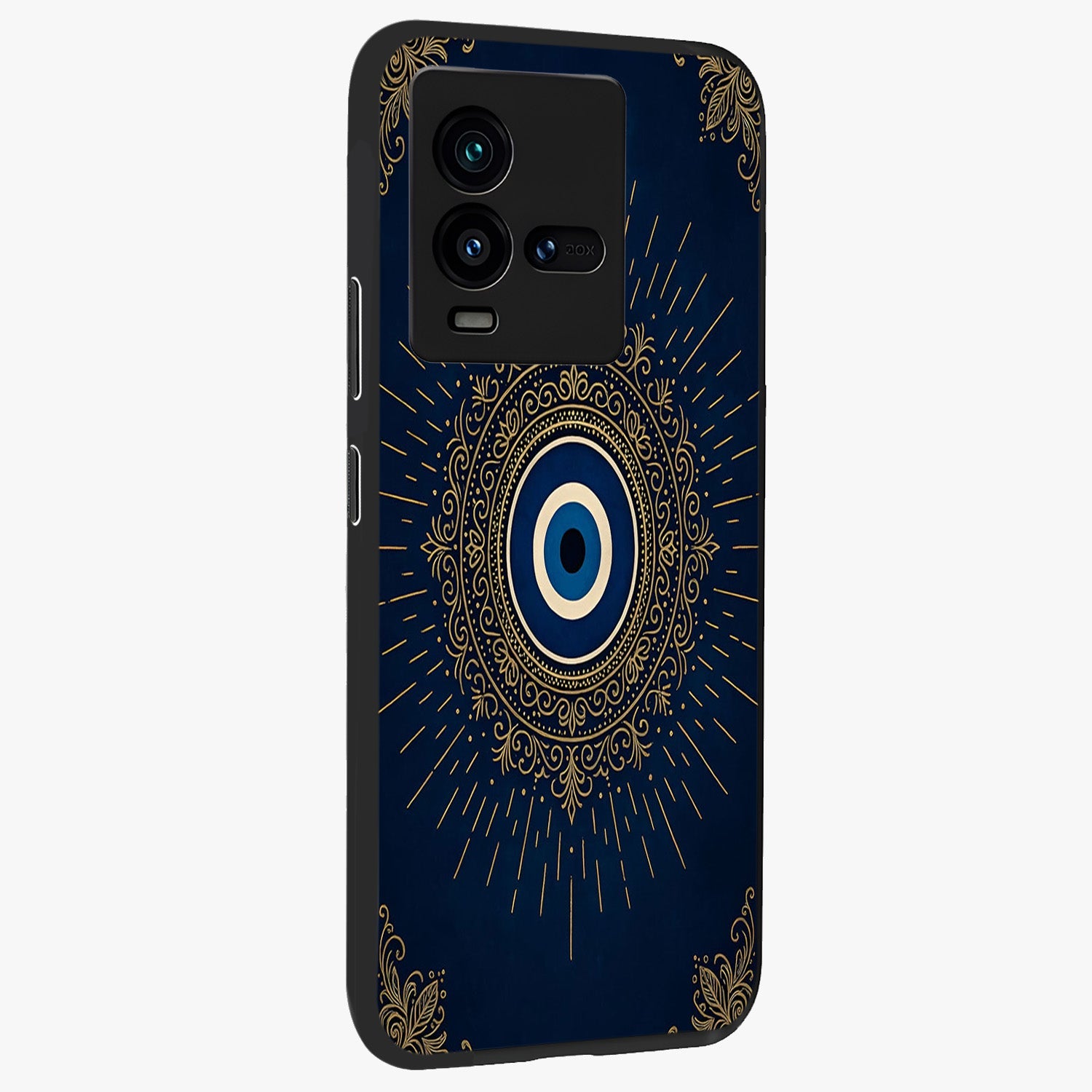 Golden Celestial Charm Glass Case upright view showcasing radiant celestial artwork with elegant golden theme.