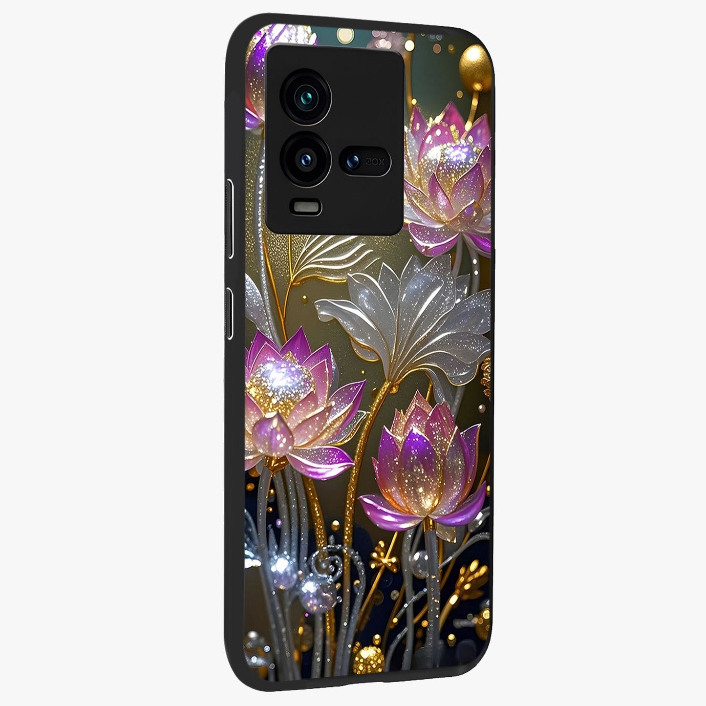 Golden Floral Majesty Glass Case upright view showcasing majestic floral artwork with rich decorative theme.