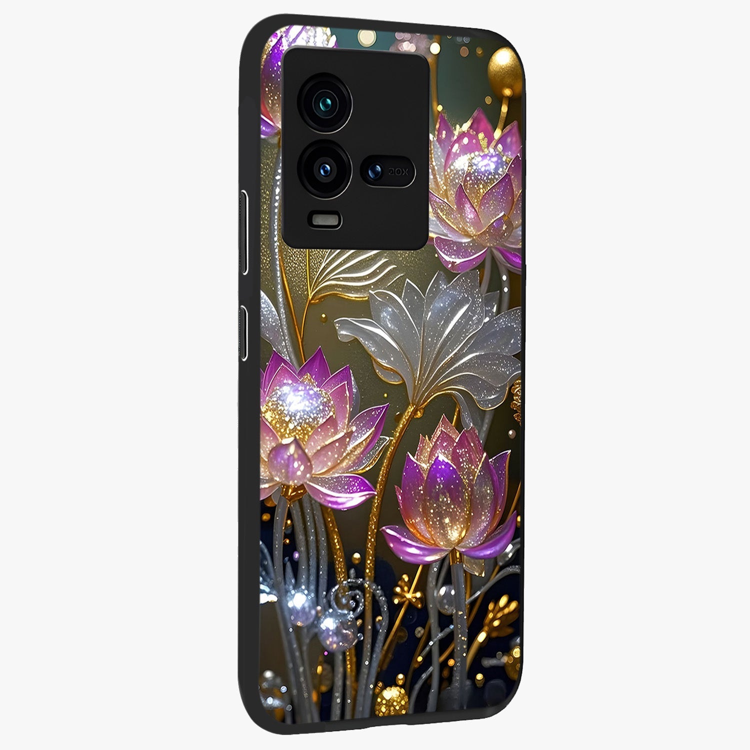 Golden Floral Majesty Glass Case upright view showcasing majestic floral artwork with rich decorative theme.