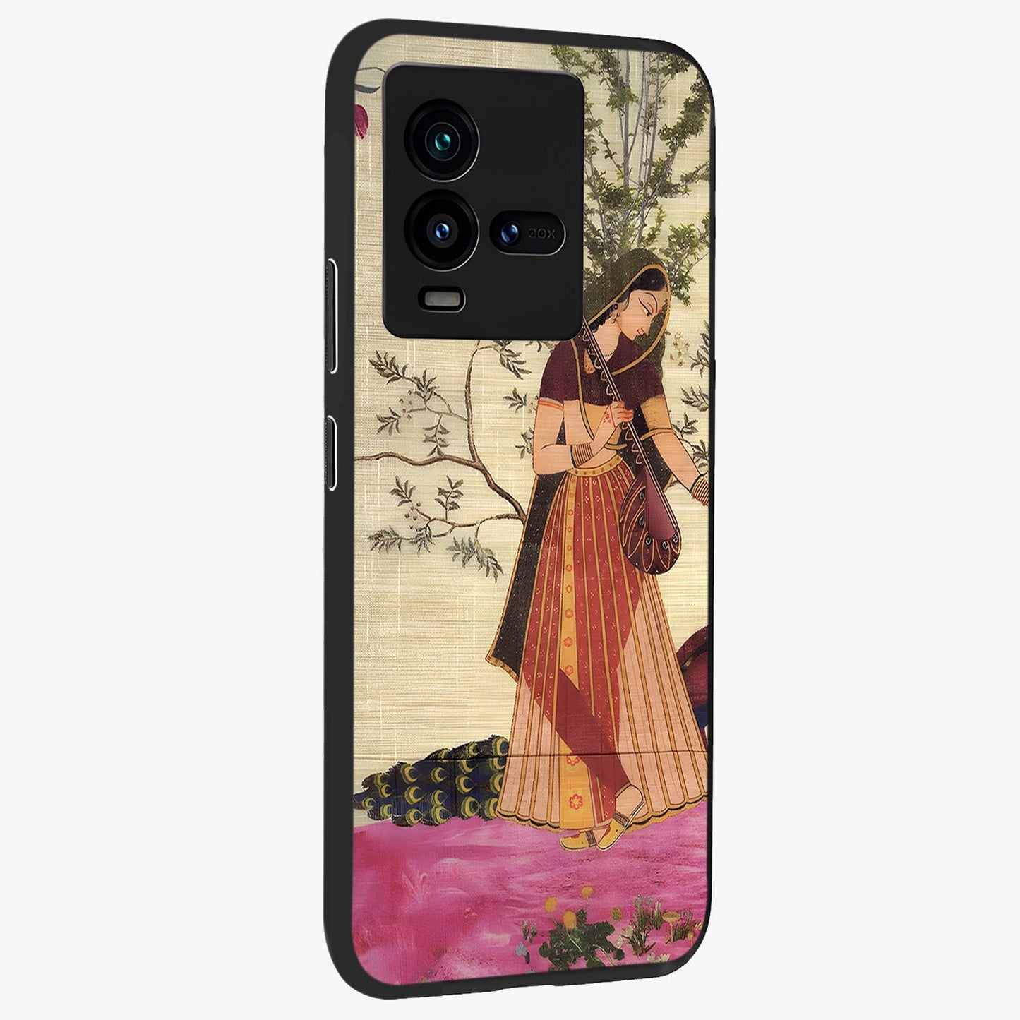 Lady With Veena Art Glass Case upright view showcasing classical veena artwork with traditional artistic theme.