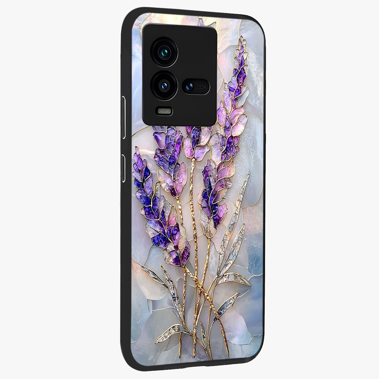 Lavender Dream Glow Glass Case upright view showcasing radiant lavender glow artwork with calming dreamy theme.