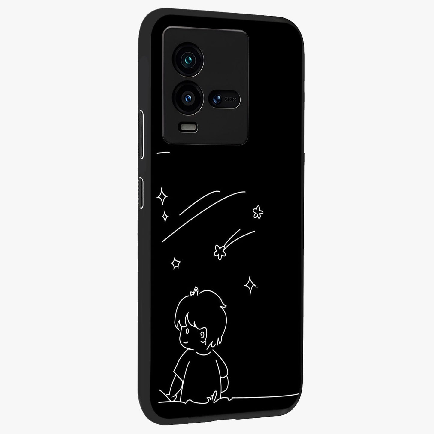 Line Art Boy With Shooting Stars Glass Case upright view showcasing artistic shooting star illustration with minimal style.