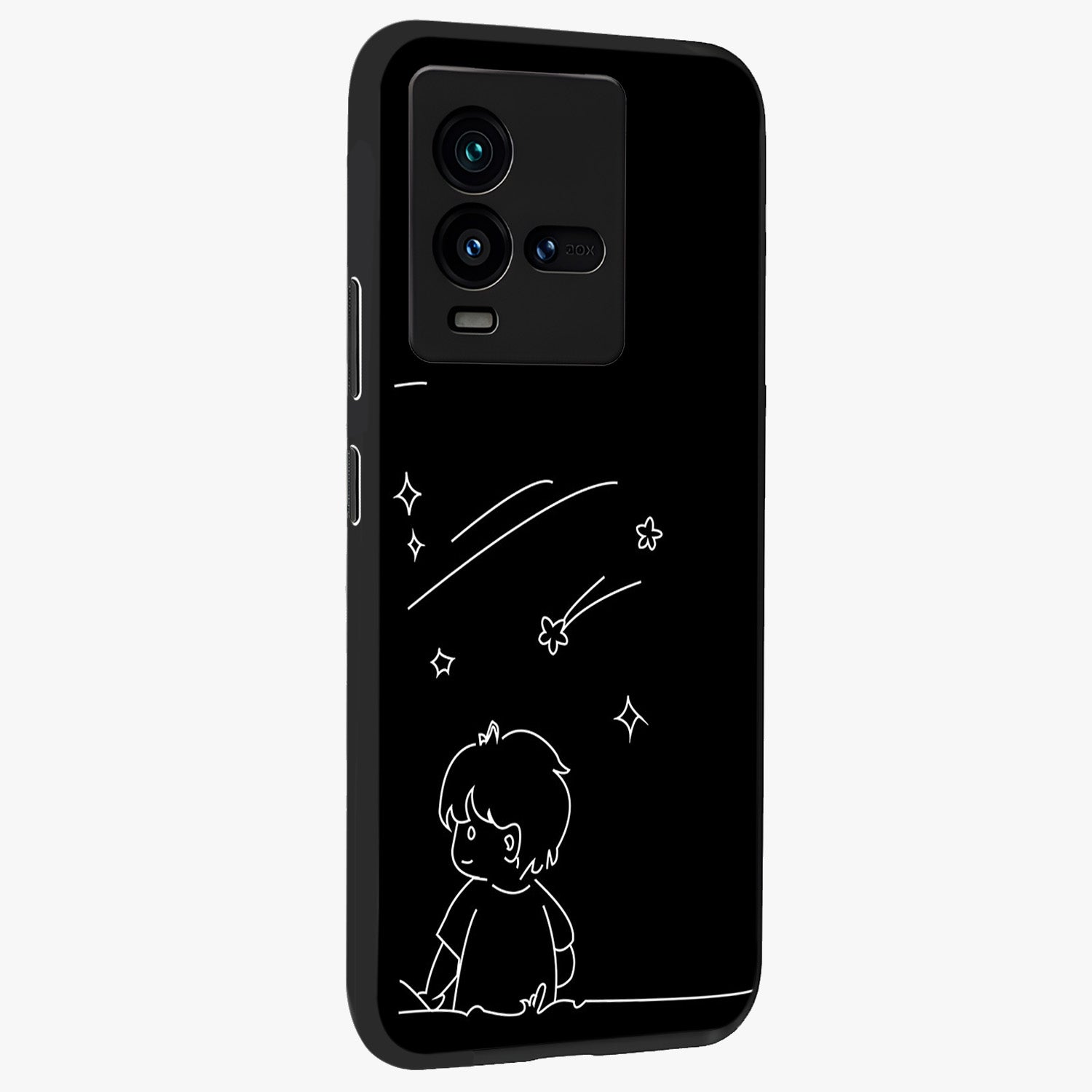 Line Art Boy With Shooting Stars Glass Case upright view showcasing artistic shooting star illustration with minimal style.