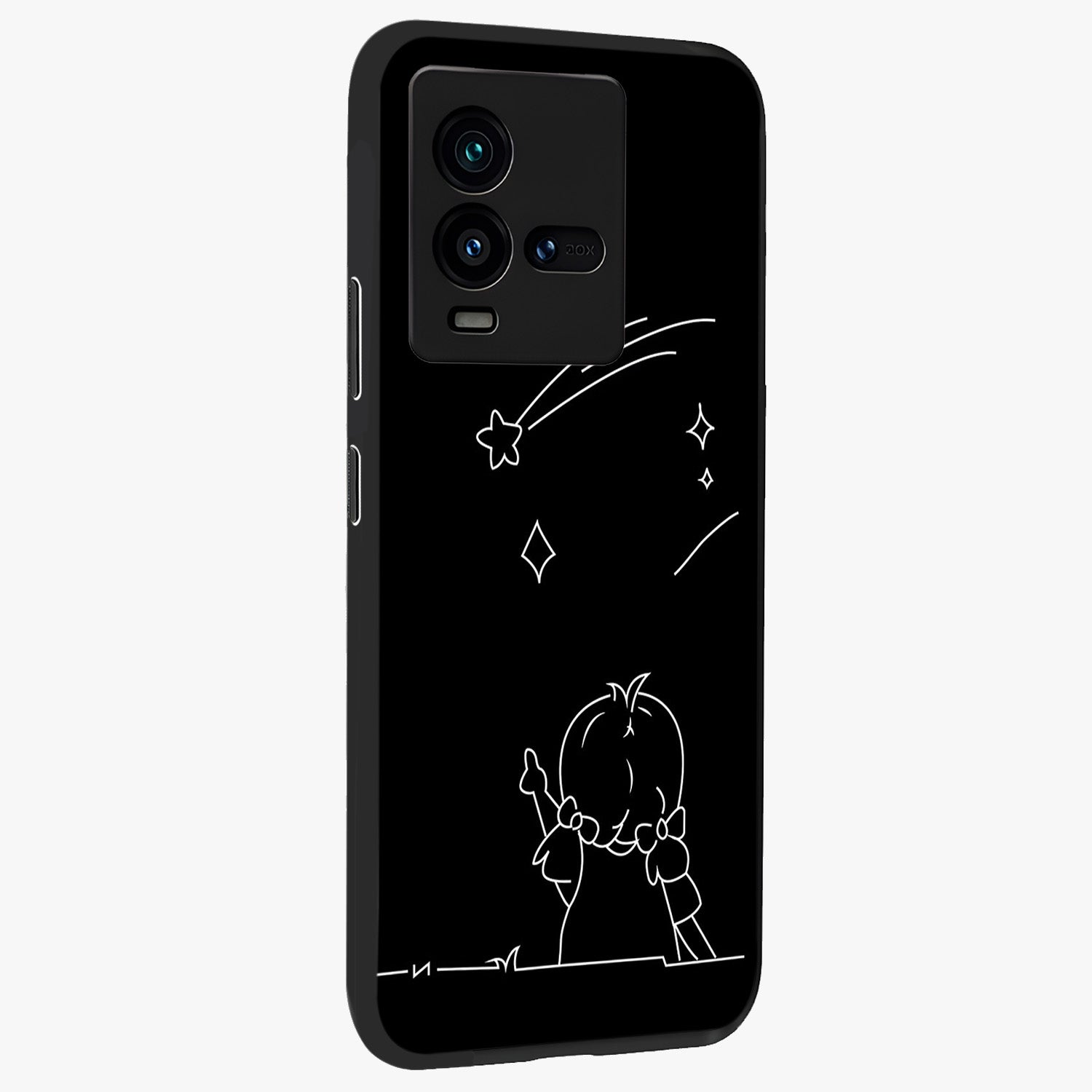 Line Art Girl With Shooting Stars Glass Case upright view showcasing delicate shooting stars artwork with minimal artistic theme.