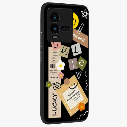 Lucky Aesthetic Collage Glass Case upright view showcasing vibrant collage artwork with youthful aesthetic theme.