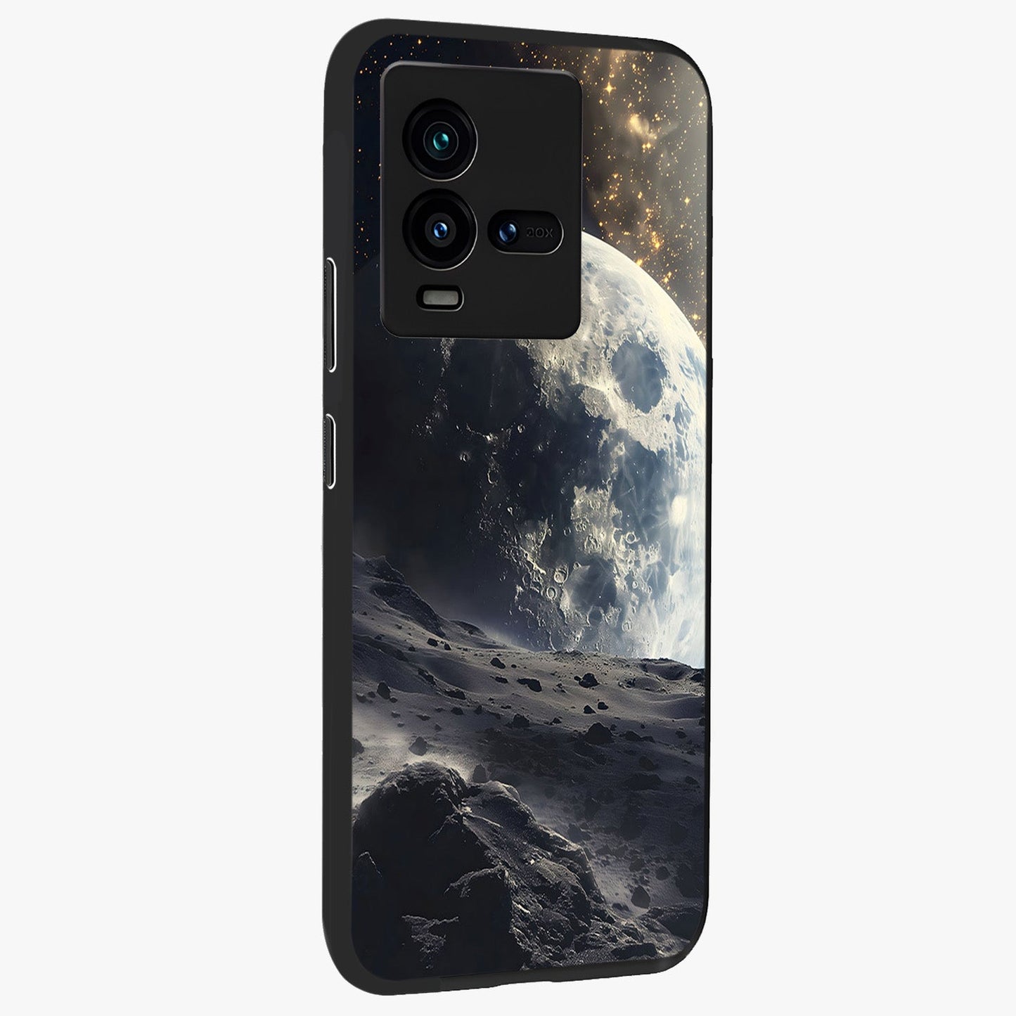 Lunar Horizon Glow Glass Case upright view showcasing radiant lunar artwork with calm cosmic theme.
