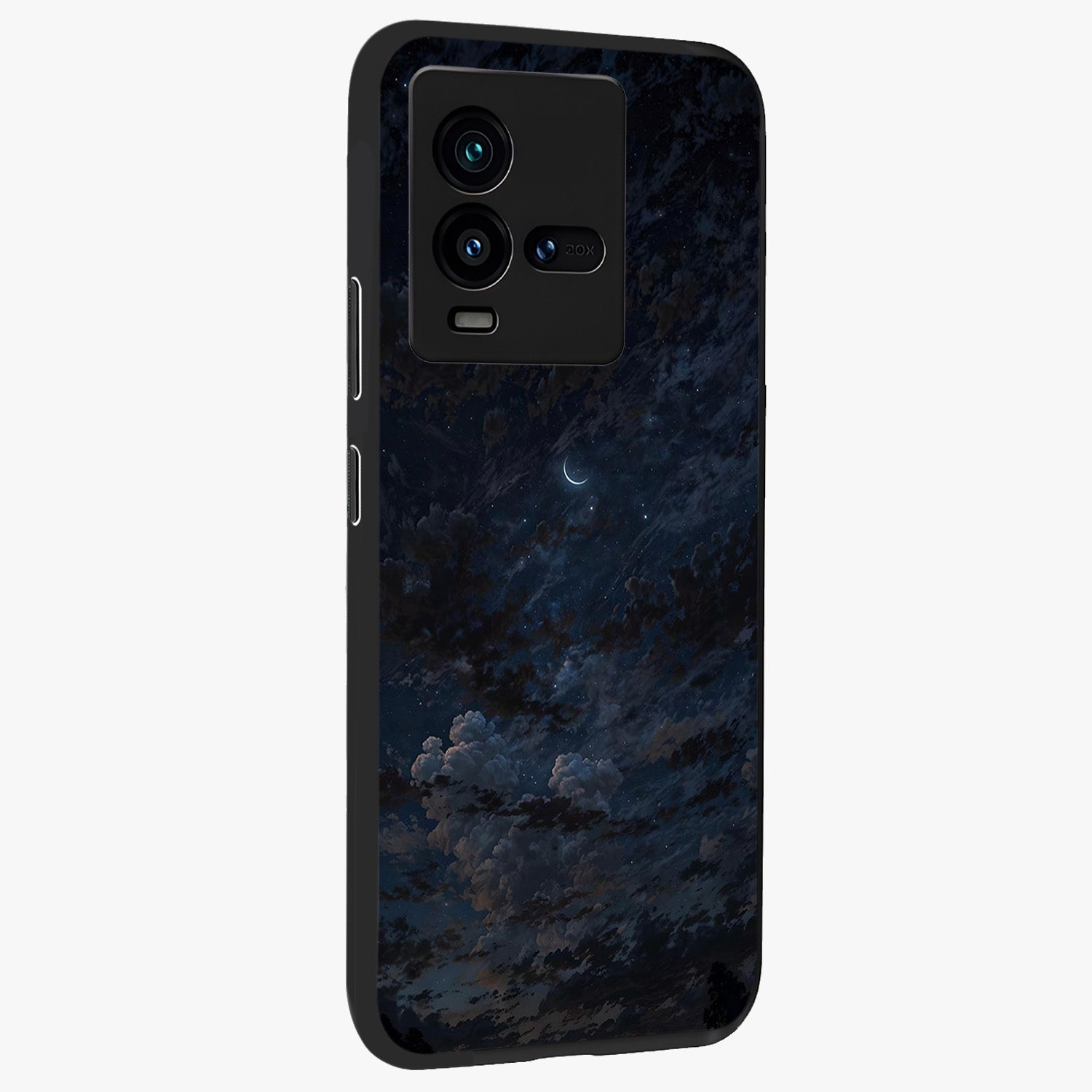 Lunar Veil Silence Glass Case upright view showcasing calm moon themed artwork with serene night atmosphere.