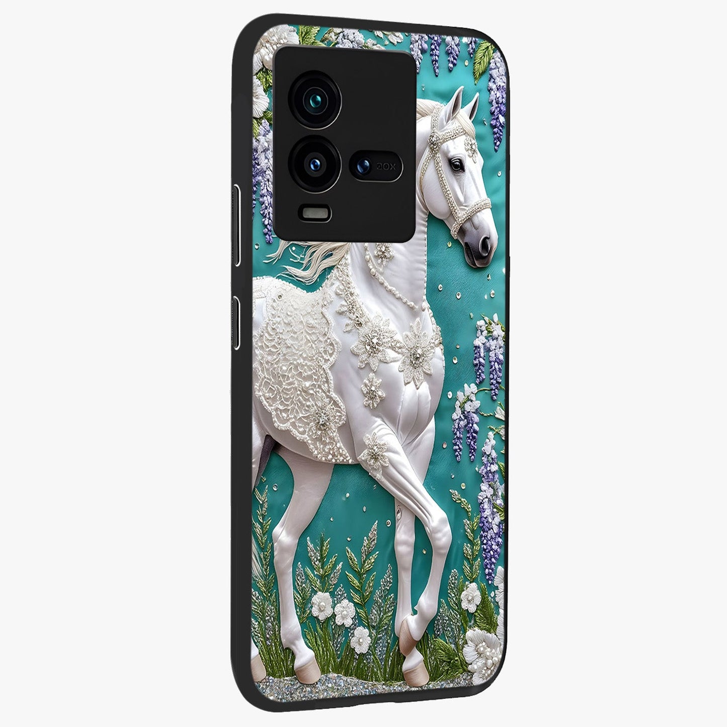 Majestic Floral Stallion Glass Case upright view showcasing dramatic horse artwork with decorative floral theme.