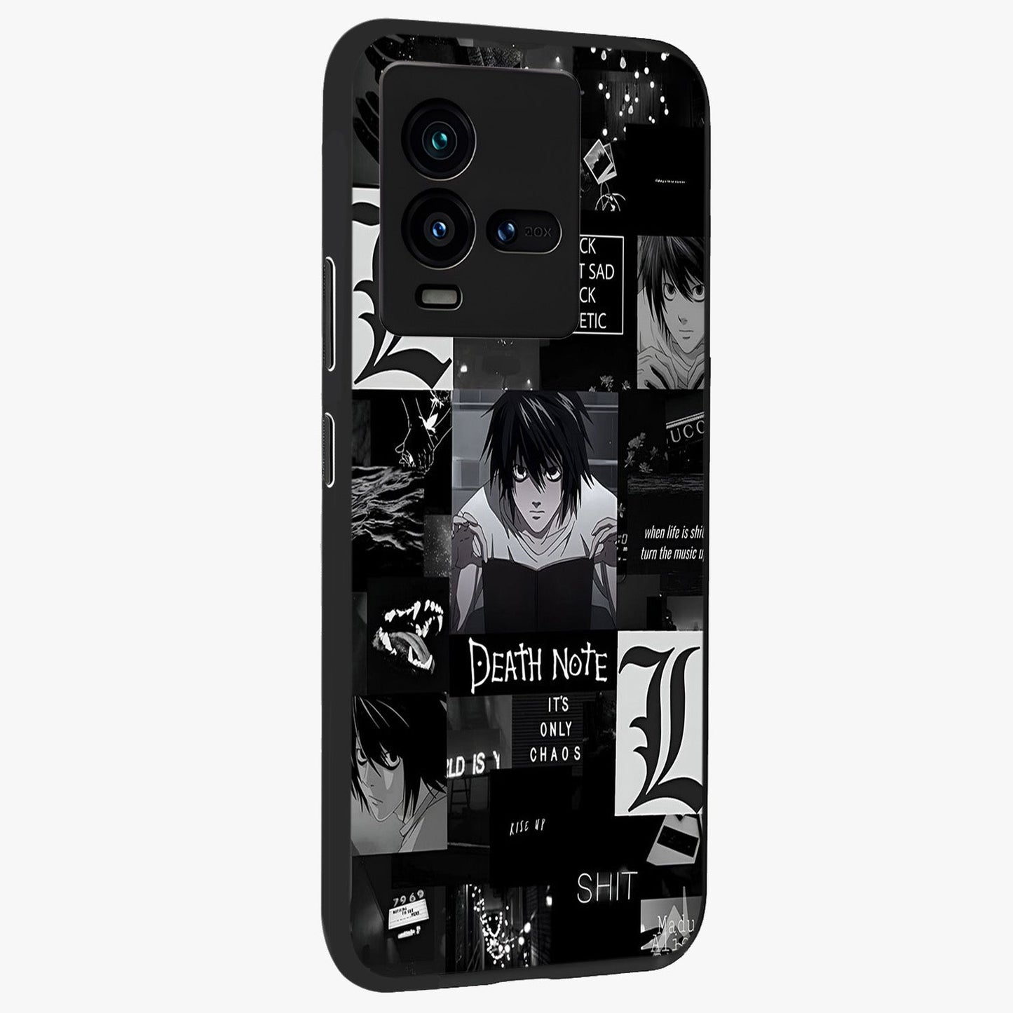 Midnight Chaos Mind Glass Case upright view showcasing expressive abstract artwork with bold dark theme.
