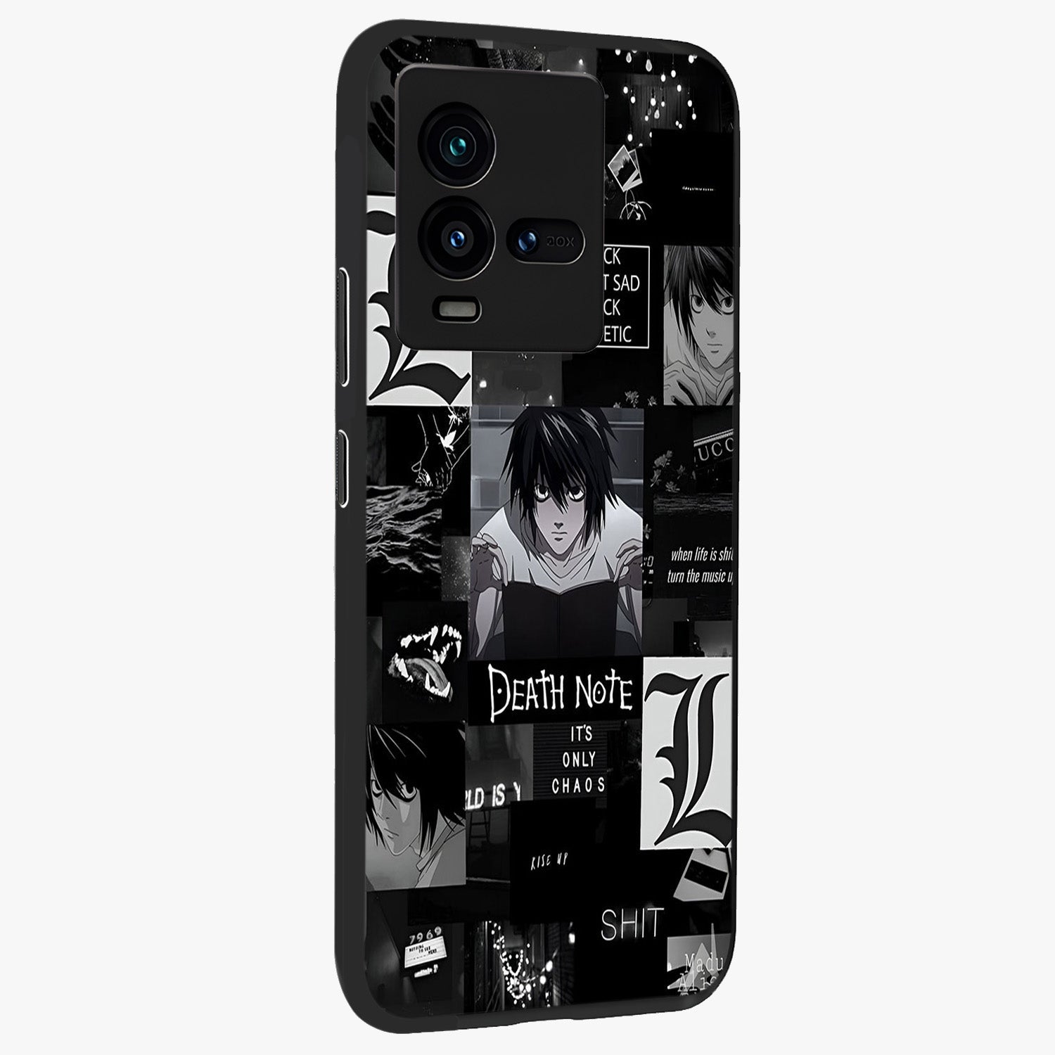 Midnight Chaos Mind Glass Case upright view showcasing expressive abstract artwork with bold dark theme.