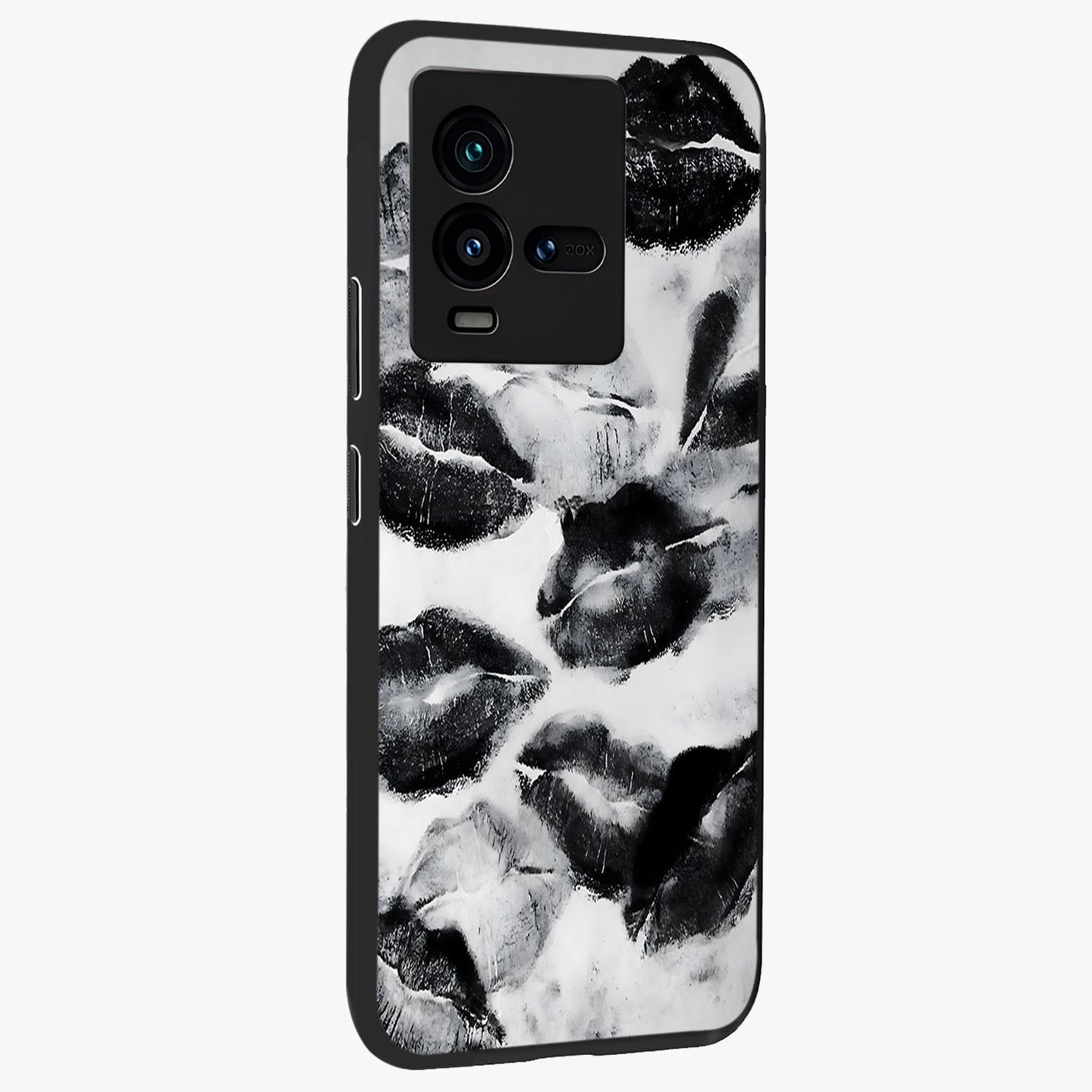 Midnight Kiss Marks Glass Case upright view showcasing stylish kiss mark artwork with trendy romantic theme.