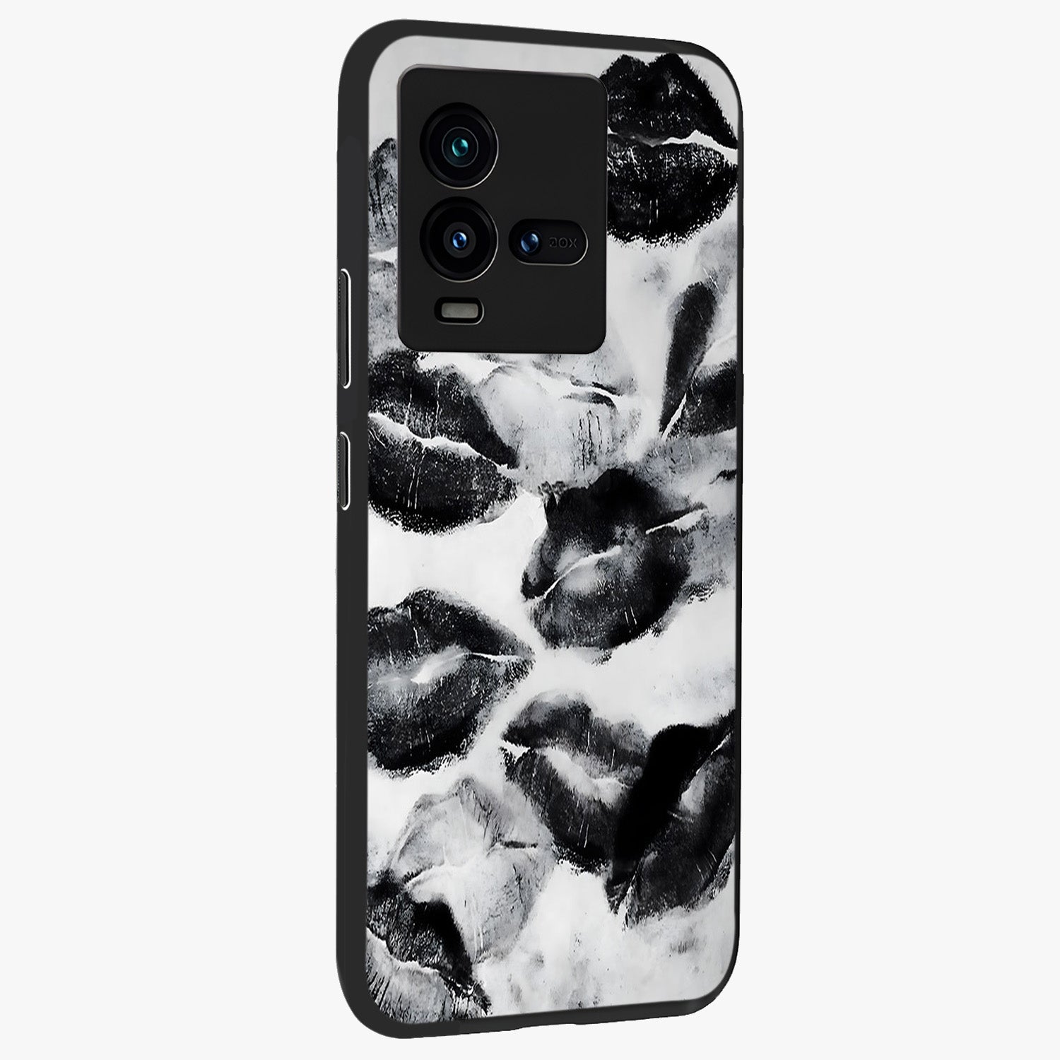 Midnight Kiss Marks Glass Case upright view showcasing stylish kiss mark artwork with trendy romantic theme.