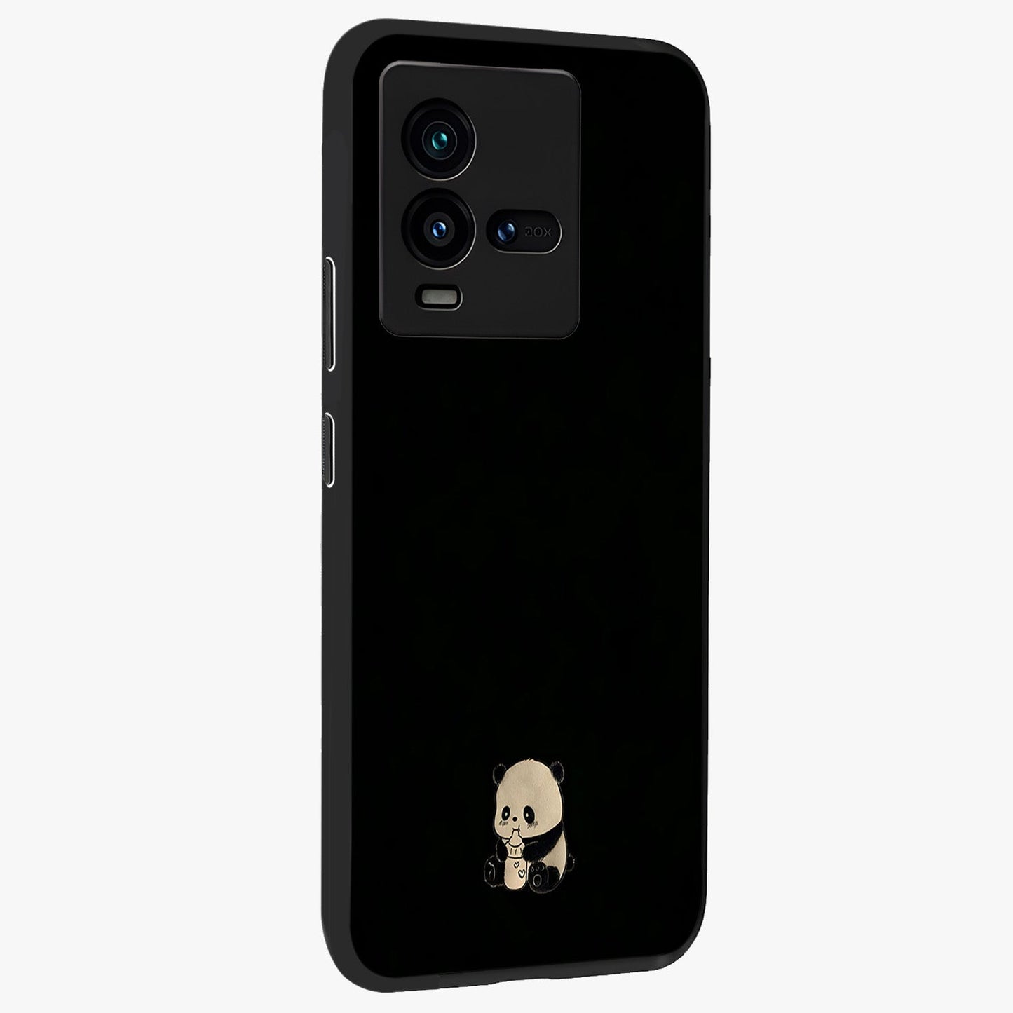 Midnight Panda Love Glass Case upright view showcasing charming panda artwork with playful romantic theme.