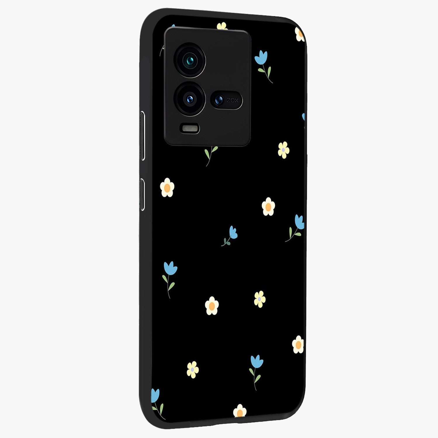 Minimal Petal Whispers Glass Case upright view showcasing elegant floral artwork with modern minimalist style.