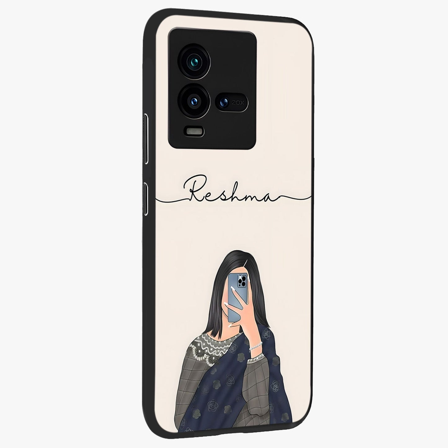 Mirror Mood Muse With Custom Name Glass Case upright view showcasing artistic mirror themed artwork with personalized aesthetic.
