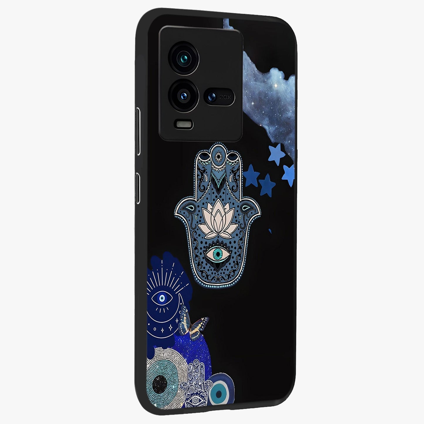 Mystic Hand Aura Glass Case upright view showcasing symbolic hand artwork with mystical energy theme.