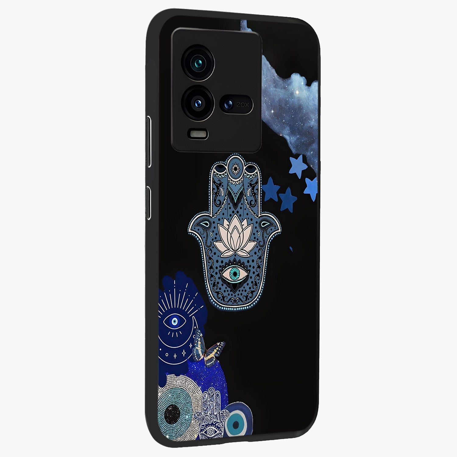 Mystic Hand Aura Glass Case upright view showcasing symbolic hand artwork with mystical energy theme.