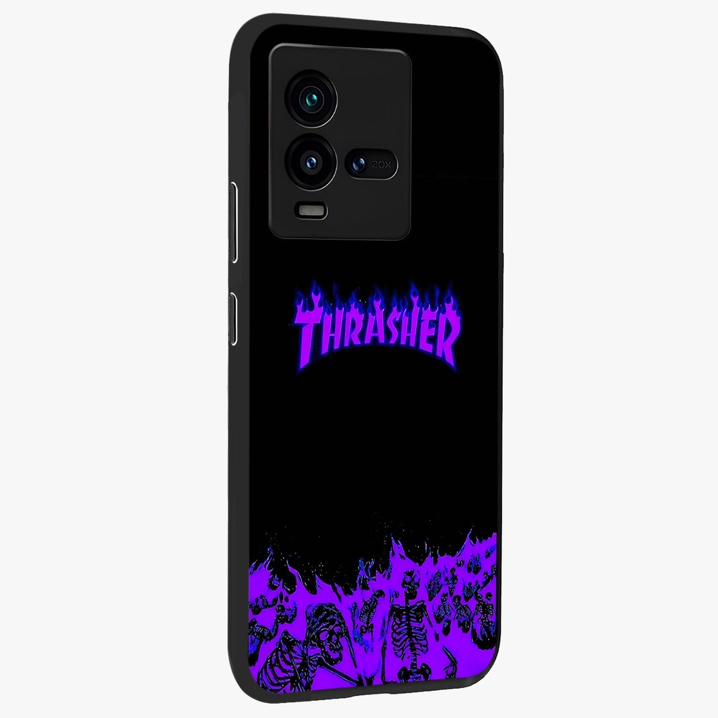 Neon Flame Riot Glass Case upright view showcasing dynamic flame artwork with energetic neon theme.