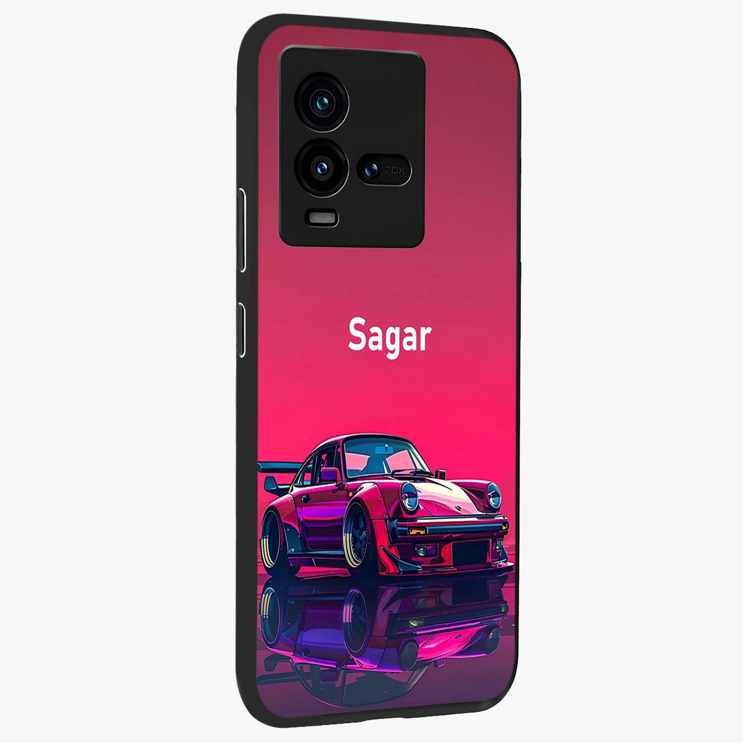 Neon Pink Porsche Glass Case upright view showcasing vibrant sports car artwork with bold automotive theme.