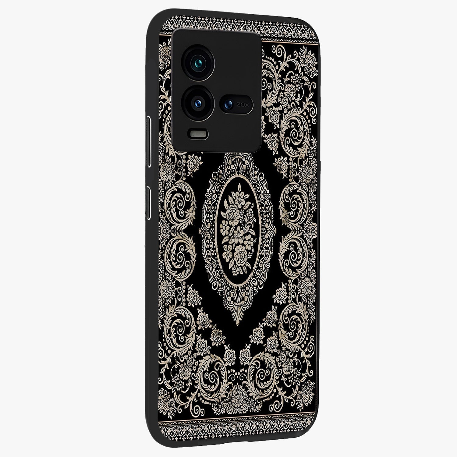 Noir Bloom Elegance Glass Case upright view showcasing graceful floral artwork with luxurious dark theme.