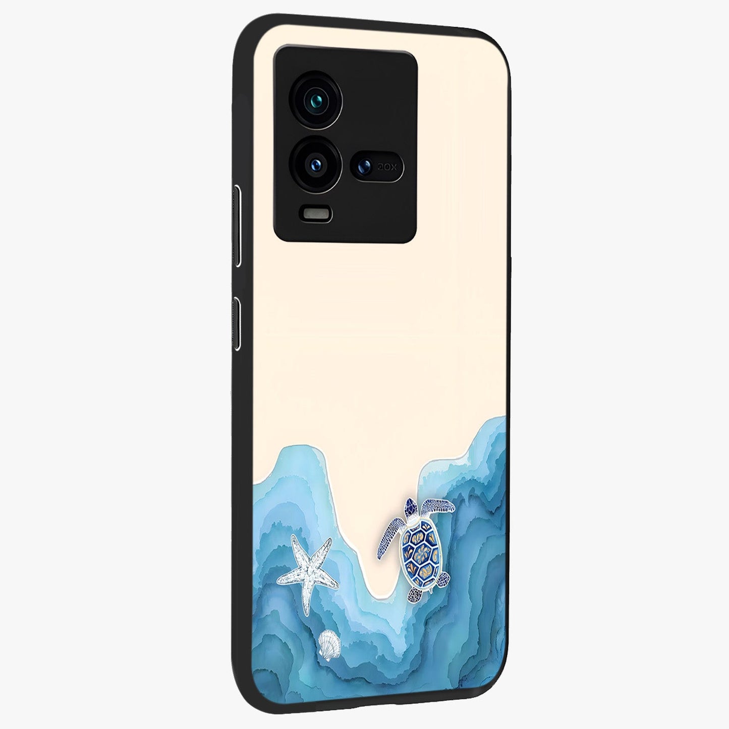 Ocean Drift Turtle Glass Case upright view showcasing calm underwater turtle artwork with nature inspired theme.