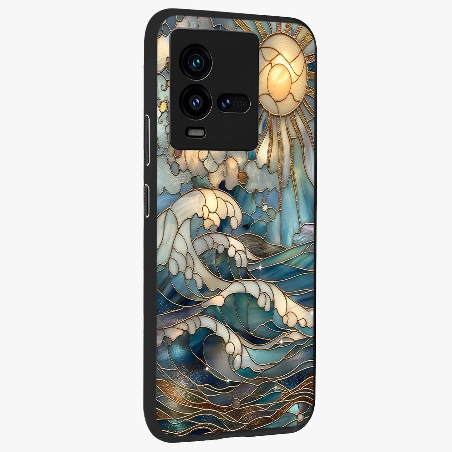 Oceanic Stained Printed Glass Case upright view showcasing decorative ocean pattern artwork with vibrant marine theme.