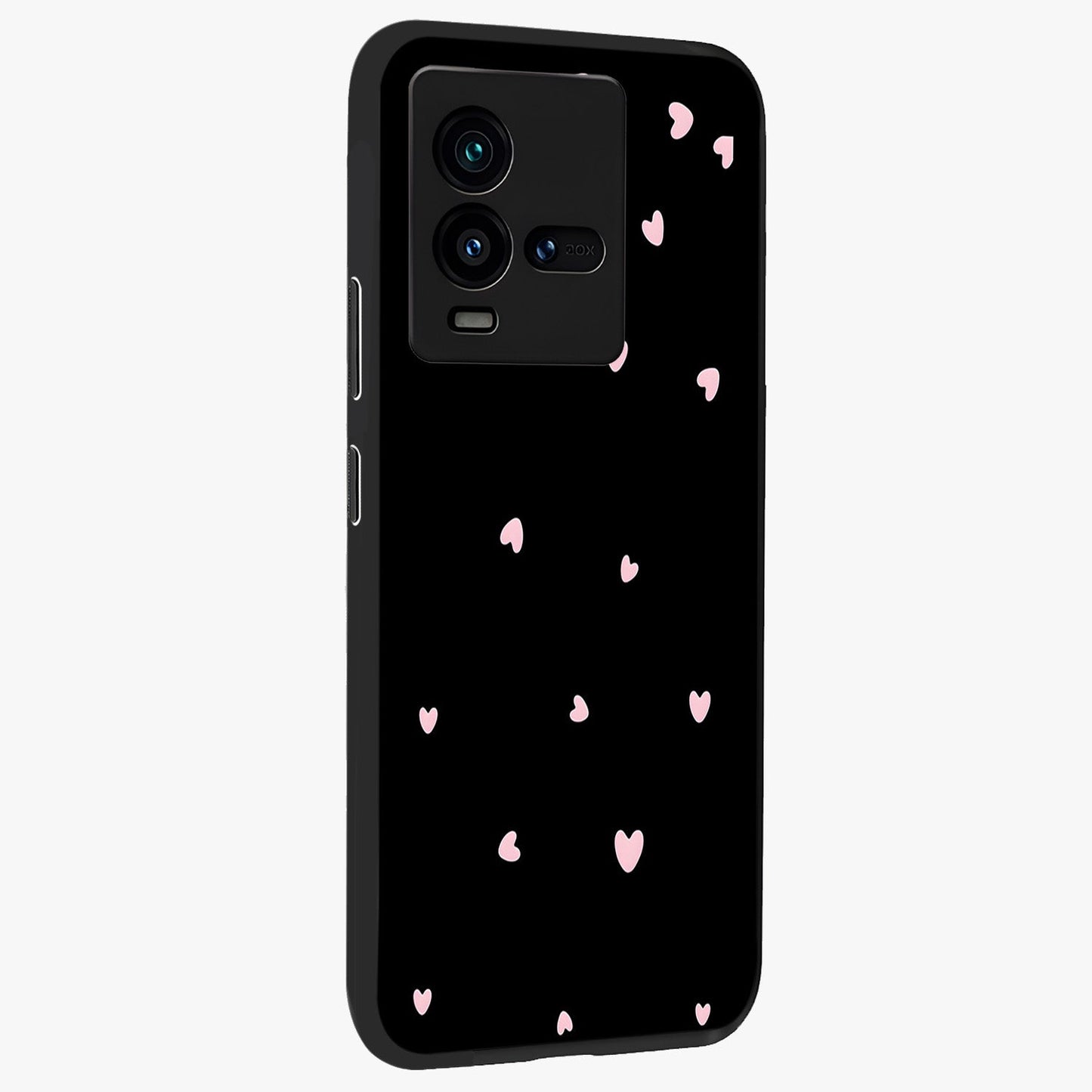 Pink Love Drops Glass Case upright view showcasing charming heart drop artwork with romantic playful theme.