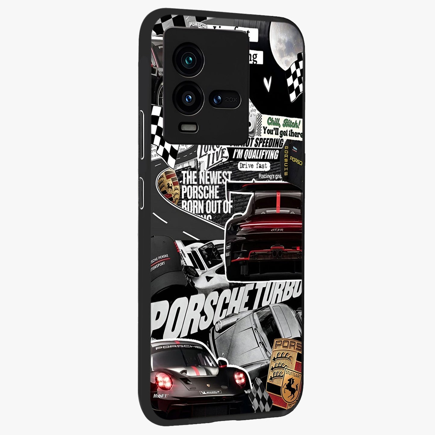 Porsche Racing Collage Glass Case upright view showcasing energetic car collage artwork with high speed racing theme.