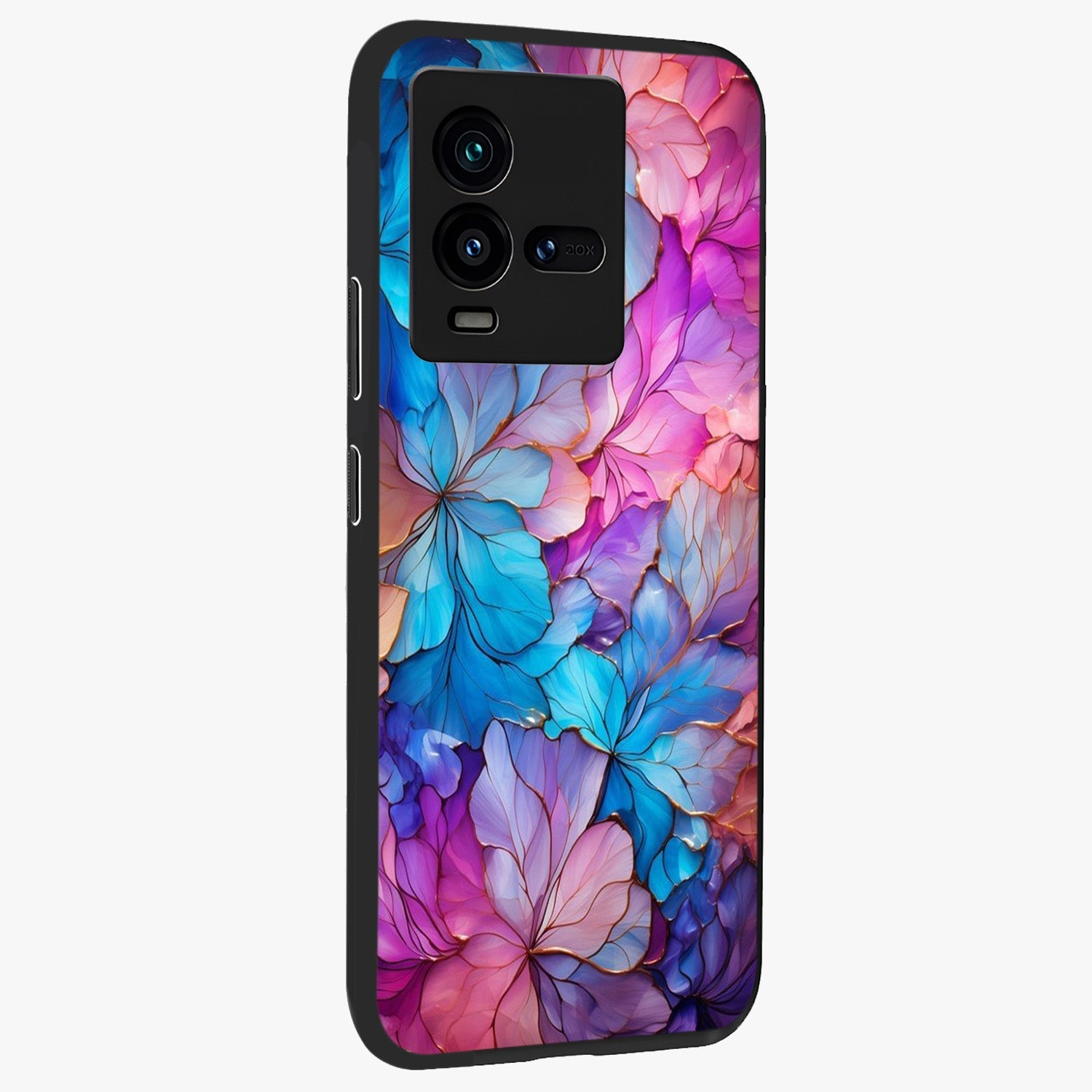 Radiant Floral Whirl Glass Case upright view showcasing lively floral artwork with decorative swirl theme.
