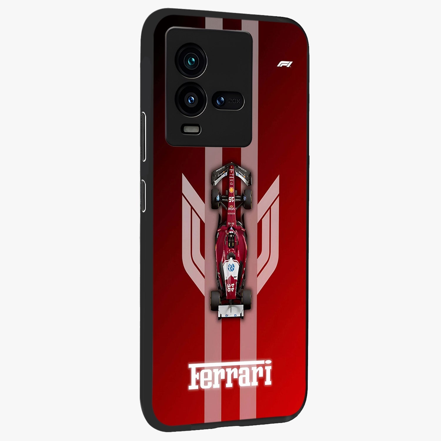 Red Ferrari F1 Vertical Glass Case upright view showcasing powerful Formula car artwork with dynamic motorsport theme.